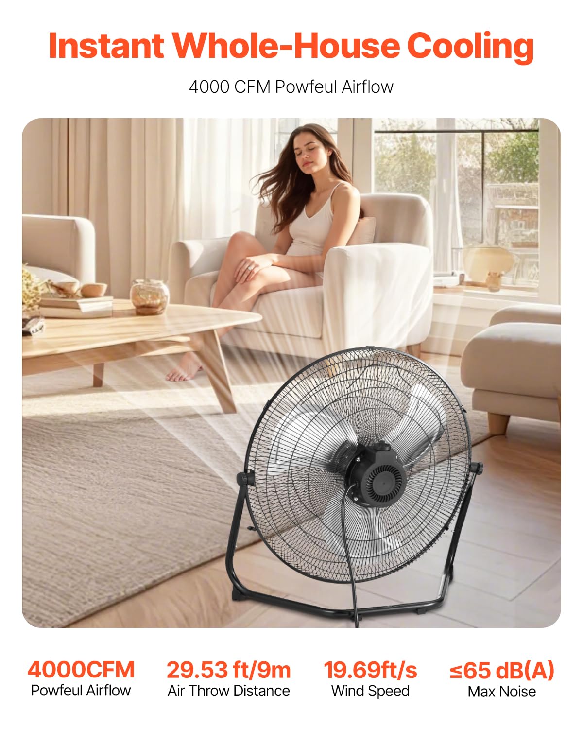 Vevor Floor Fan, 3 Speeds High Velocity Heavy Duty 18 Inch Industrial Fan, 4000 Cfm 360 Adjustable Tilt 19.69 Ft/Sec Airflow Lar