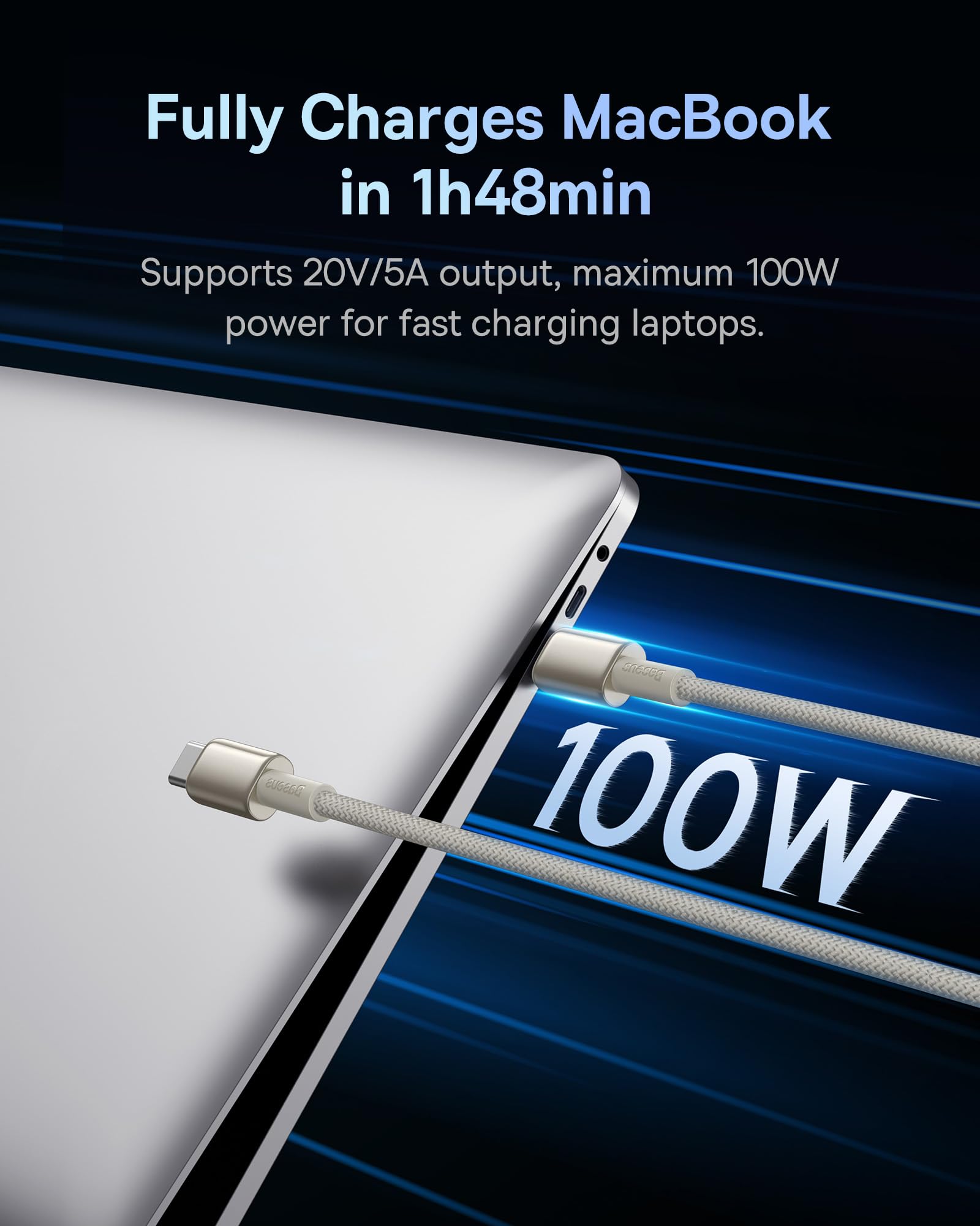 Baseus 100W PD USB C to USB C Fast Charging Cable Zinc Alloy Nylon Braided Titanium Gold