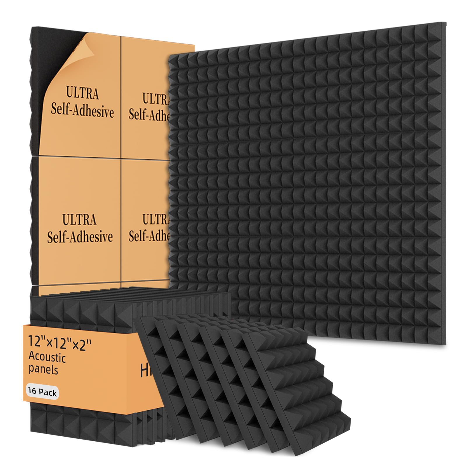 16 Pack Acoustic Foam Panels,12X12X2 Inches Sound Proof Foam Panels For Walls, Fast Expand Pyramid Designed High Density Sound P