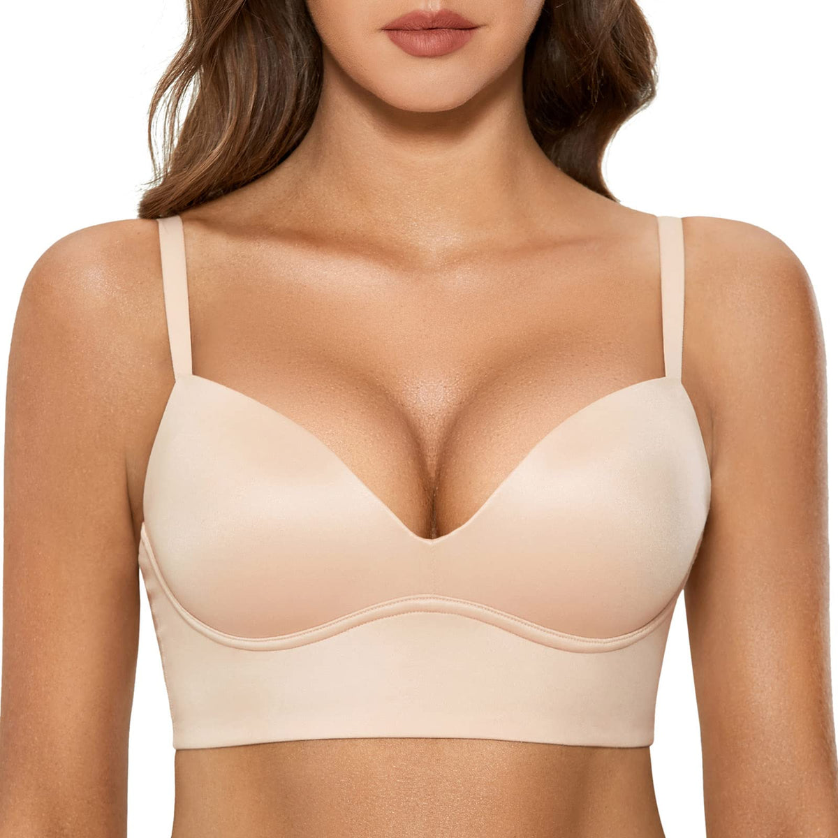 Dobreva Womens Push Up Wireless Bra Padded T Shirt Bras No Underwire Plunge Beige 32A