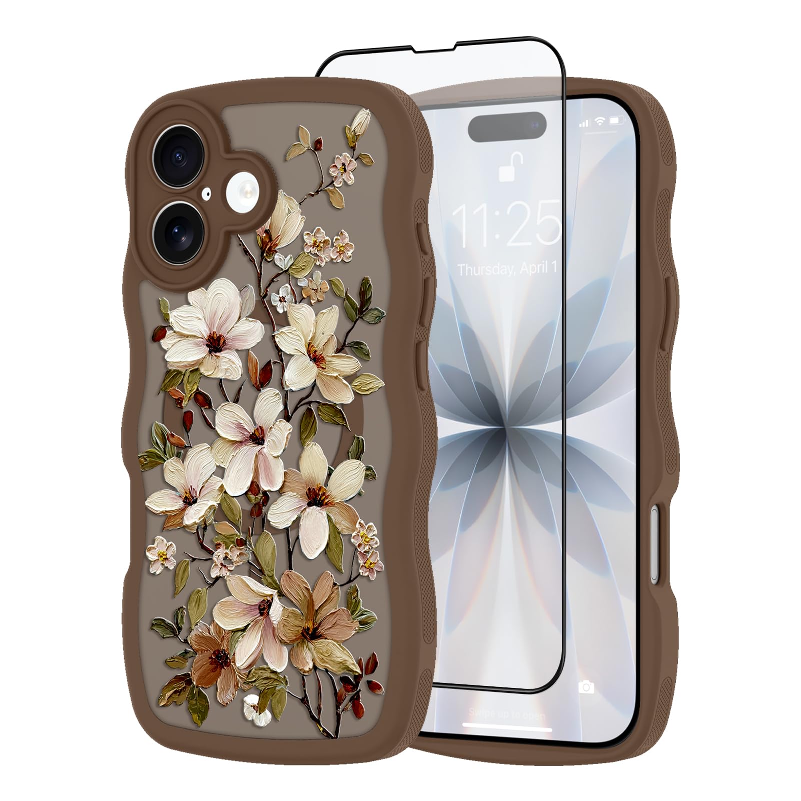 tharlet for iPhone 17 case Brown Curly Wave Edge Oil Paint Floral