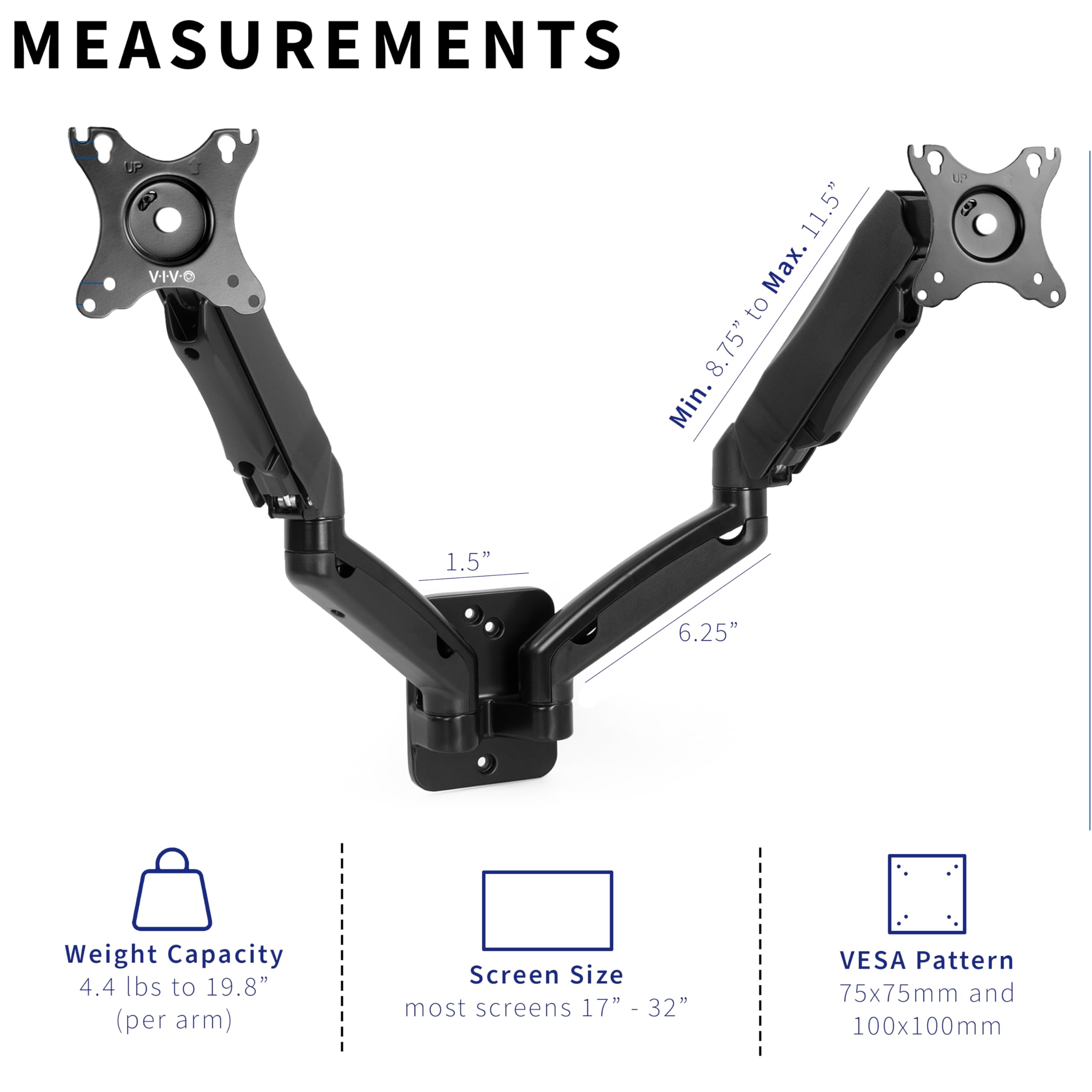 VIVO Height Adjustable Pneumatic Extended Arm Dual Monitor Wall Mount Full Motion Articulating, Fits 2 Screens 17 to 32 inches, Black, MOUNT V002G