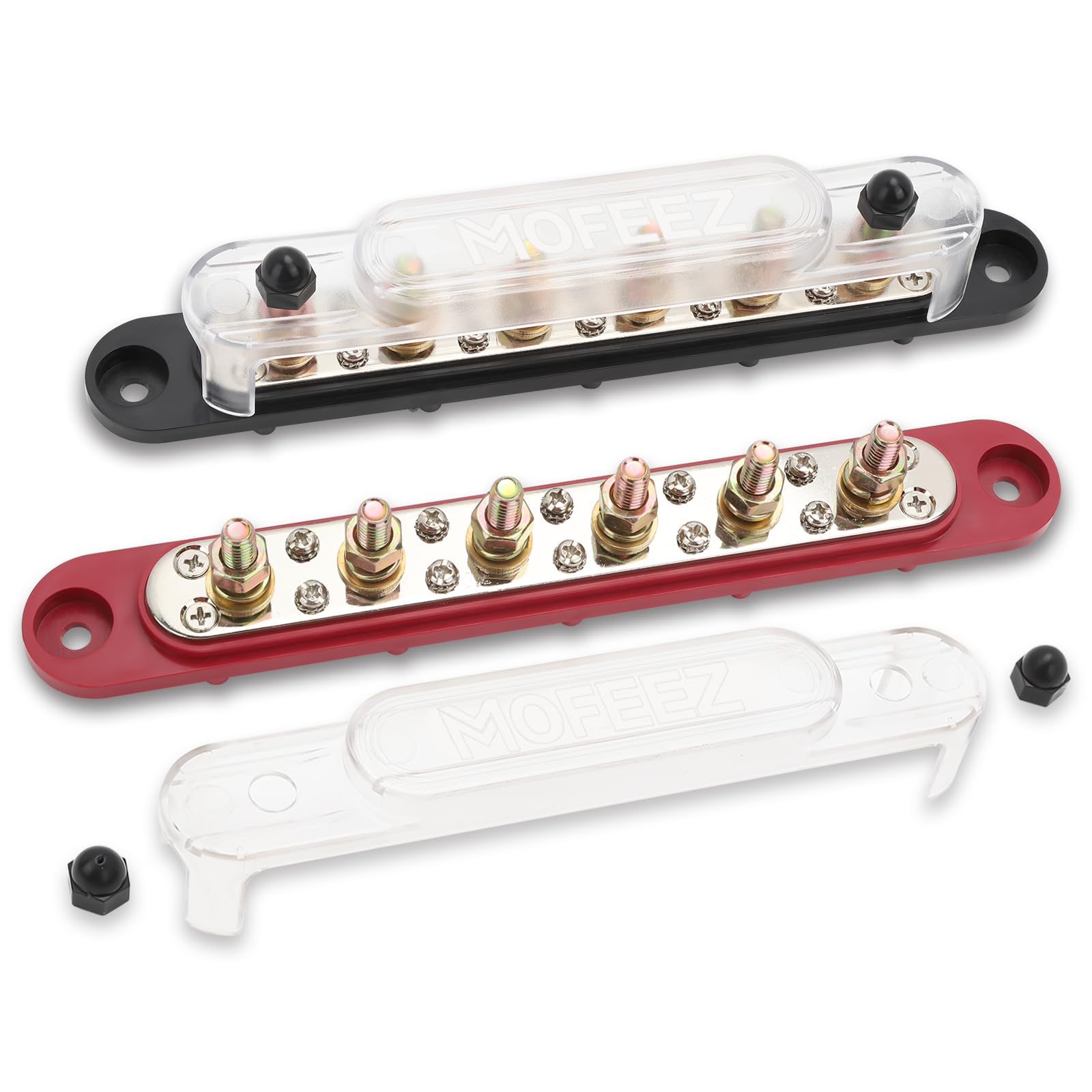 Mofeez Power Distribution Block Bus Bar, 6 X 5/16'' Posts, 10 X #8 Screws Terminals, Max 48V 250A (Pair, Red & Black)