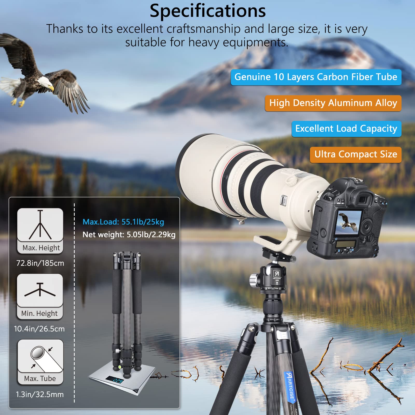 Carbon Fiber Tripod With Low Profile Ball Head 10 Layers Carbon Tube Heavy Duty Camera Tripod 72.6Inch Portable Travel Tripod With 44Mm Arca 360� Panoramic Tripod Mount For Sony Nikon Canon Dslr