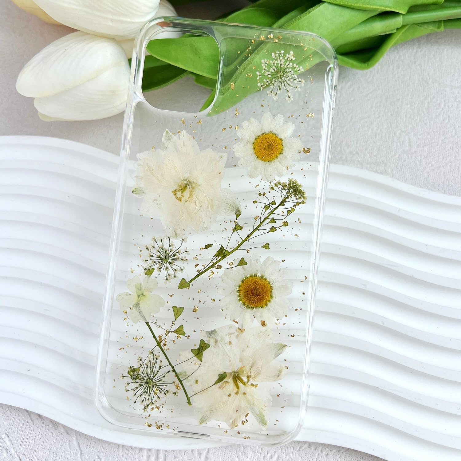 Lseeka For Iphone 11 Clear Case With Pressed Real Flowers Design,Glitter Cute White Floral Pattern Slim Soft Tpu Protective Wome