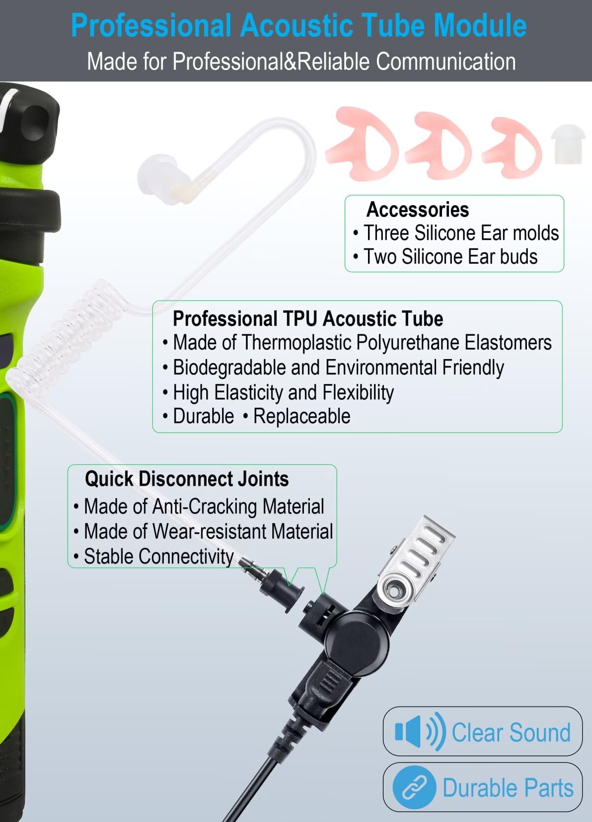 Commountain Clear Acoustic Tube For Two Way Radio Earpieces And Headset; Skin Friendly&Uv Resistant Tpu Coil Tube; Compatible With Motorola Earpieces, Commountain Earpiece And More; Fit For Left Ear