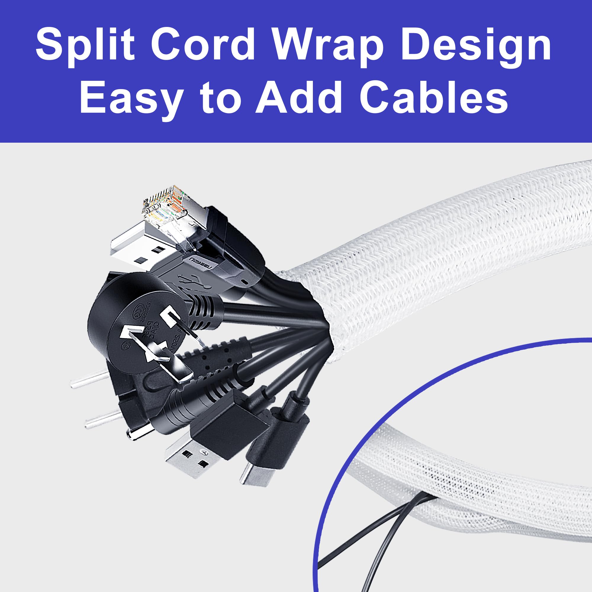 Cable Management Sleeves 1.5In   2 Pack 4.1Ft Split Braided Cable Sleeve White, Wire Organizers For Cords, Hard Pe Cord Protecto
