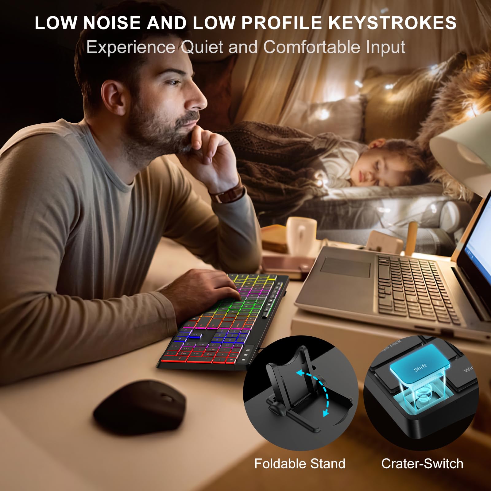 Computer Keyboard Wired,7 Color Rainbow Led Backlit, Quiet Light Up Keyboard With Multimedia Keys,Low Profile Chiclet Keys,Large