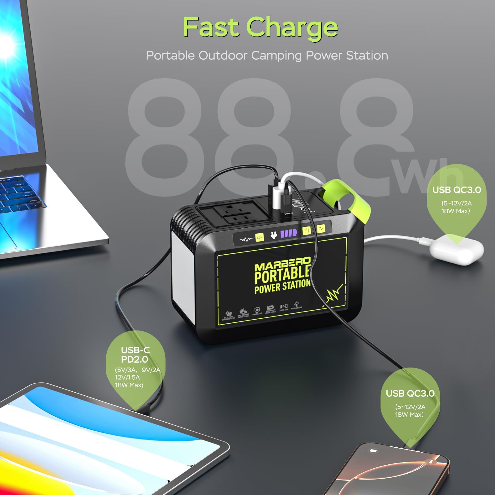 Marbero 80W Solar Powered Generator With Panels 25W Included, 88.8Wh Lithium Battery Portable Power Station With Ac Outlet 120W