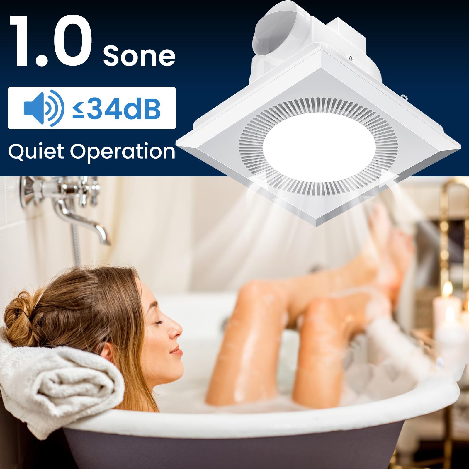 Hon&Guan Bathroom Exhaust Fan with Light, 110 CFM, 1.0 Sones, LED 3000K/4500K/6500K, Square 9.84"x