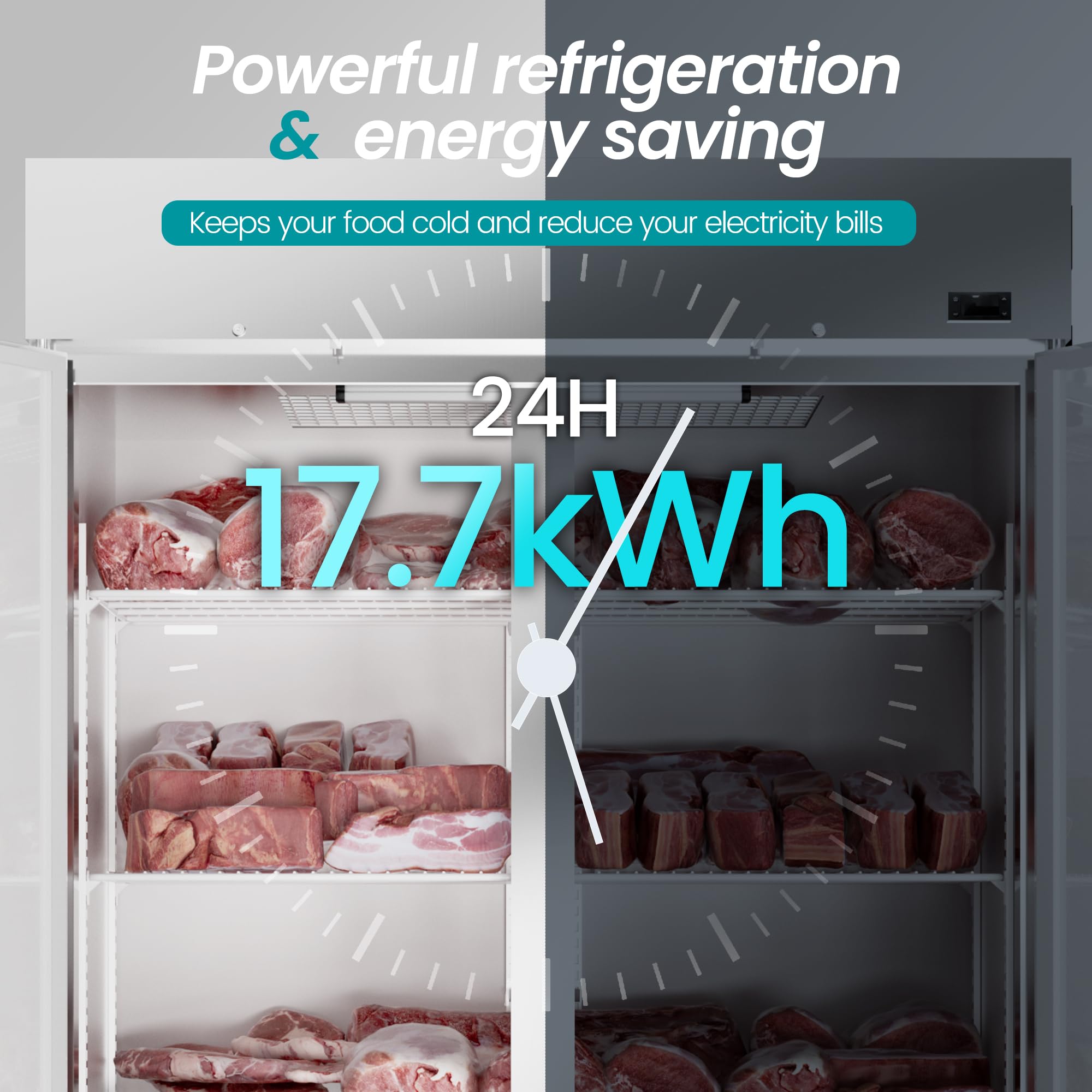 Kichking 54''W 2 Door Commercial Freezer 49 Cu.Ft Dynamic Cooling Omnismart Temperature Control -10?~10? Self Closing Stainless
