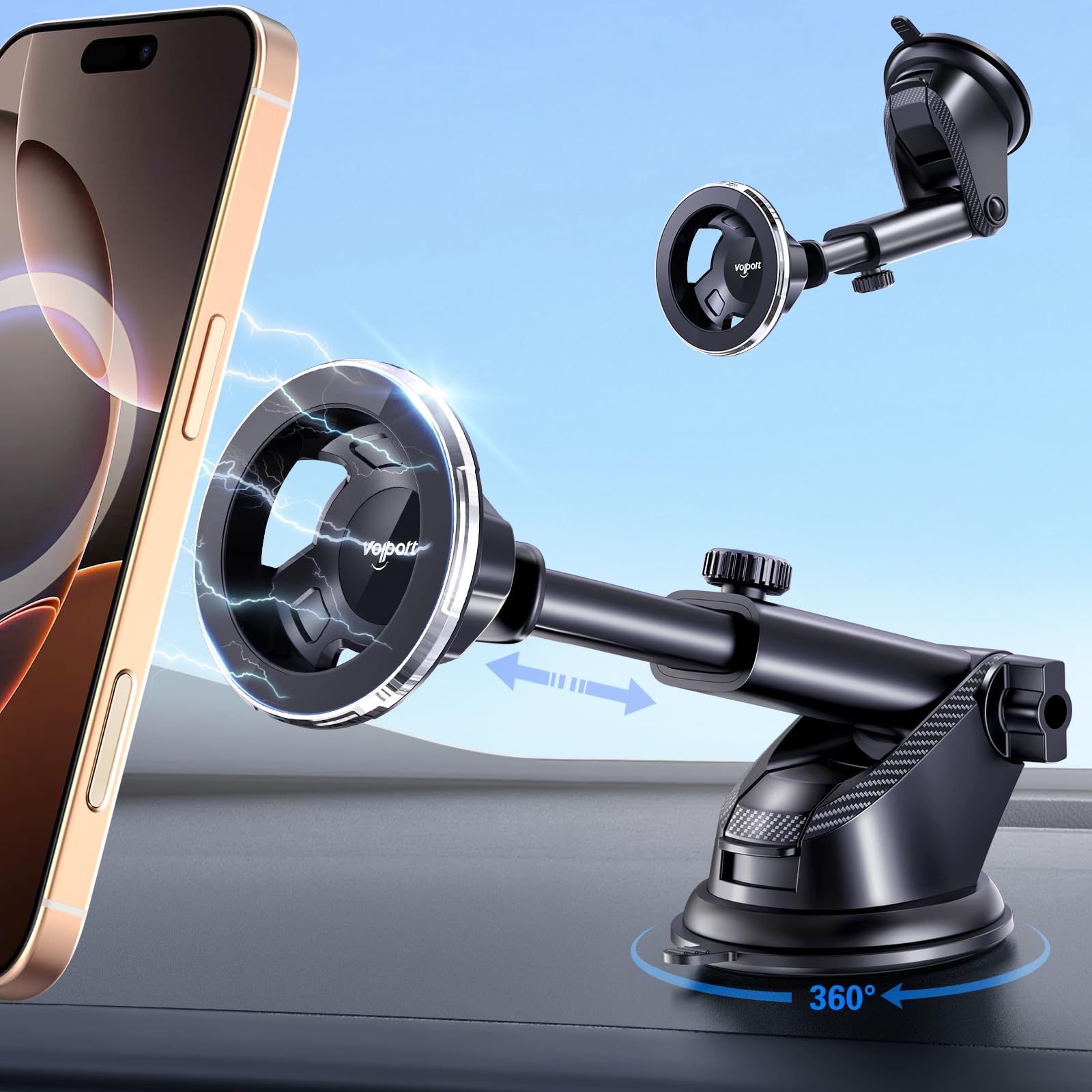 Volport For Magsafe Car Mount [Dashboard & Windshield]: Universal Dash Magnetic Phone Holder [360 Rotatable Suction Cup], Strong