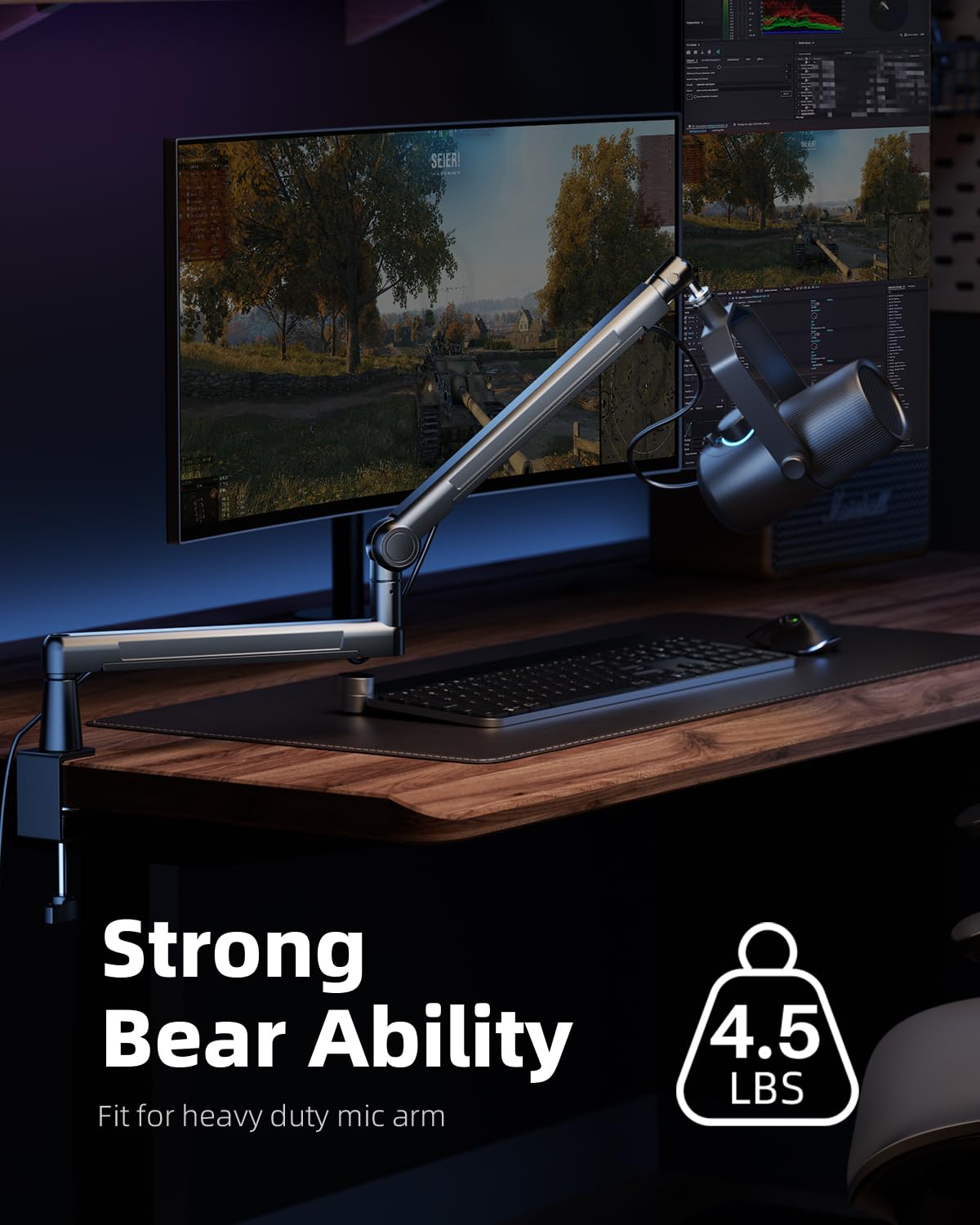 Todi Mic Stand Desk, Low/High Profile Mic Arm Bear 4.5Lbs With Extension Riser, Adjustable All Metal Desk Microphone Stand With