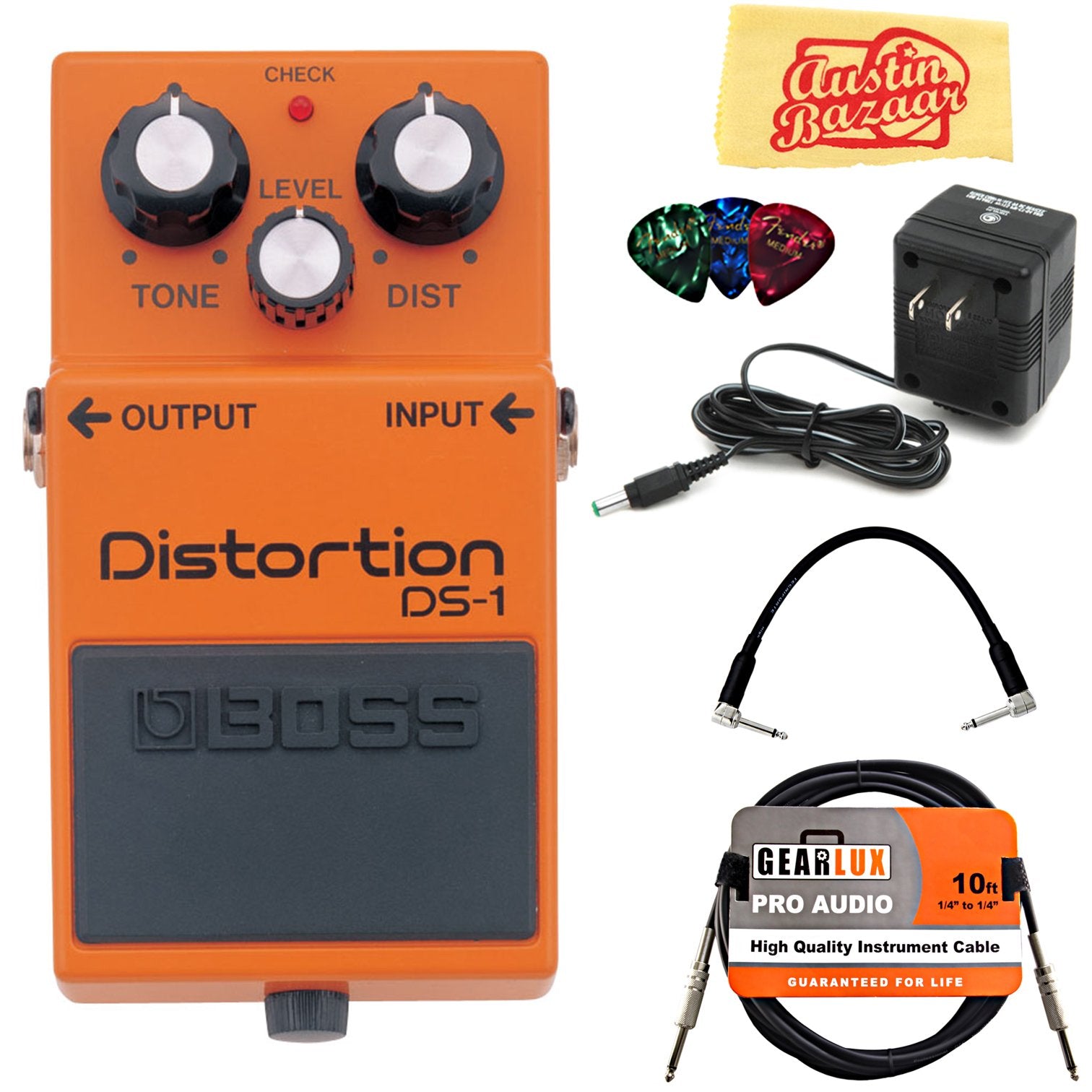Boss Ds 1 Distortion Bundle With Power Supply, Instrument Cable, Patch Cable, Picks, And Austin Bazaar Polishing Cloth