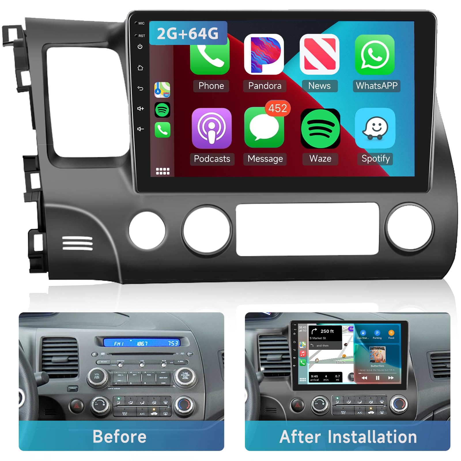 2G+64G Car Stereo Radio For Honda Civic 2006 2011 With Wireless Carplay Android Auto, 10.1 Inch Android 13 Touch Screen Head Unit, Hifi Audio Gps Navigation Wifi Bluetooth Swc Hd Backup Camera