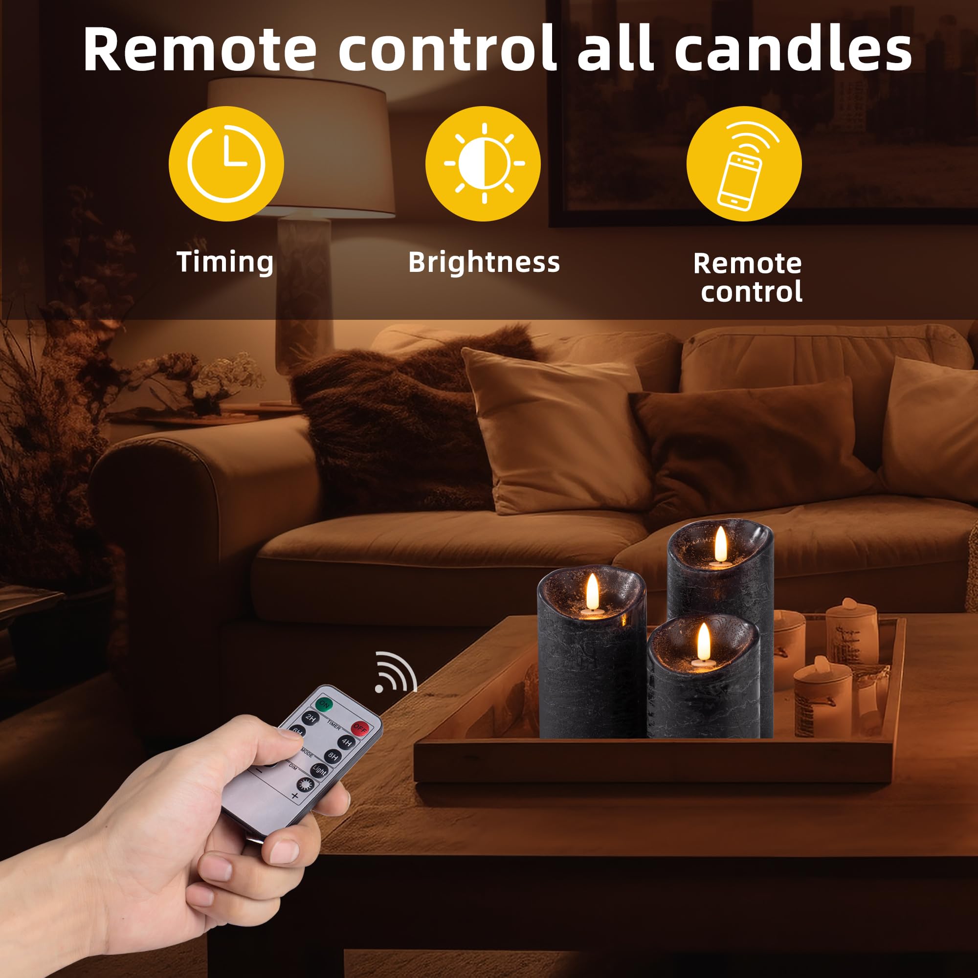 Pandaing Pack Of 3 Black Regular Textured Led Flameless Flickering Battery Operated Candles With Remote And Timer, Real Wax Pill