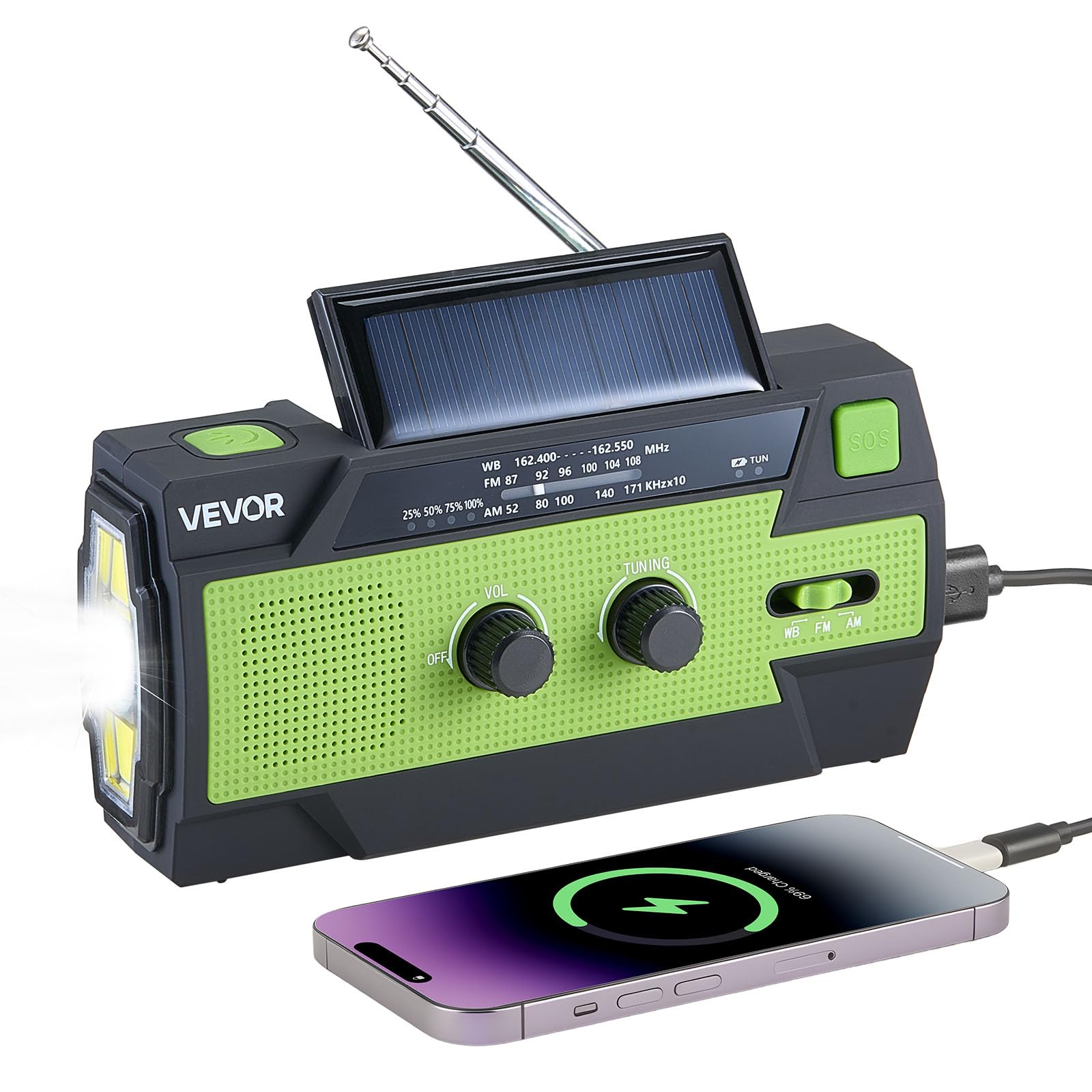 VEVOR Emergency Weather Radio, 4000mAh Battery, FM/AM/WB/NOAA Alert Solar Hand Crank Emergency Radio, with USB Charging Cable, S