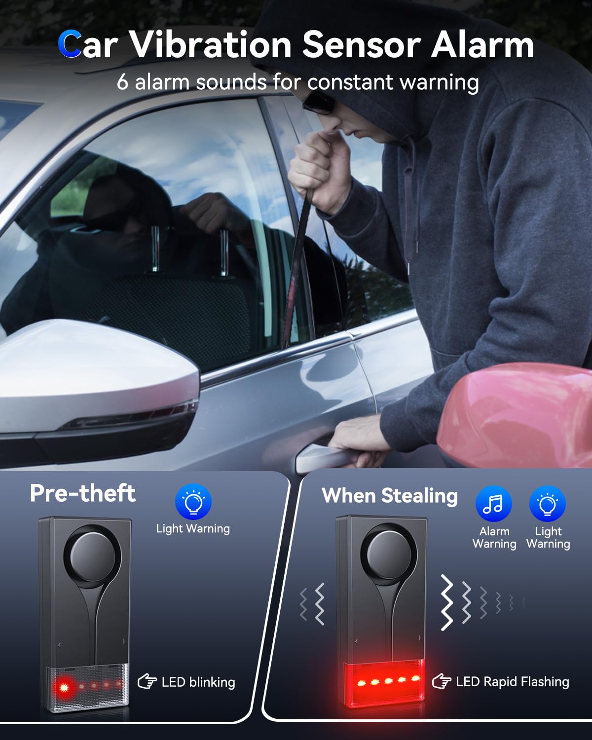 108Db Car Alarm System, Car Anti-Theft Vibration Sensor Alarm & Red Light, Wireless Remote Anti Theft Vehicle Device With Magnet