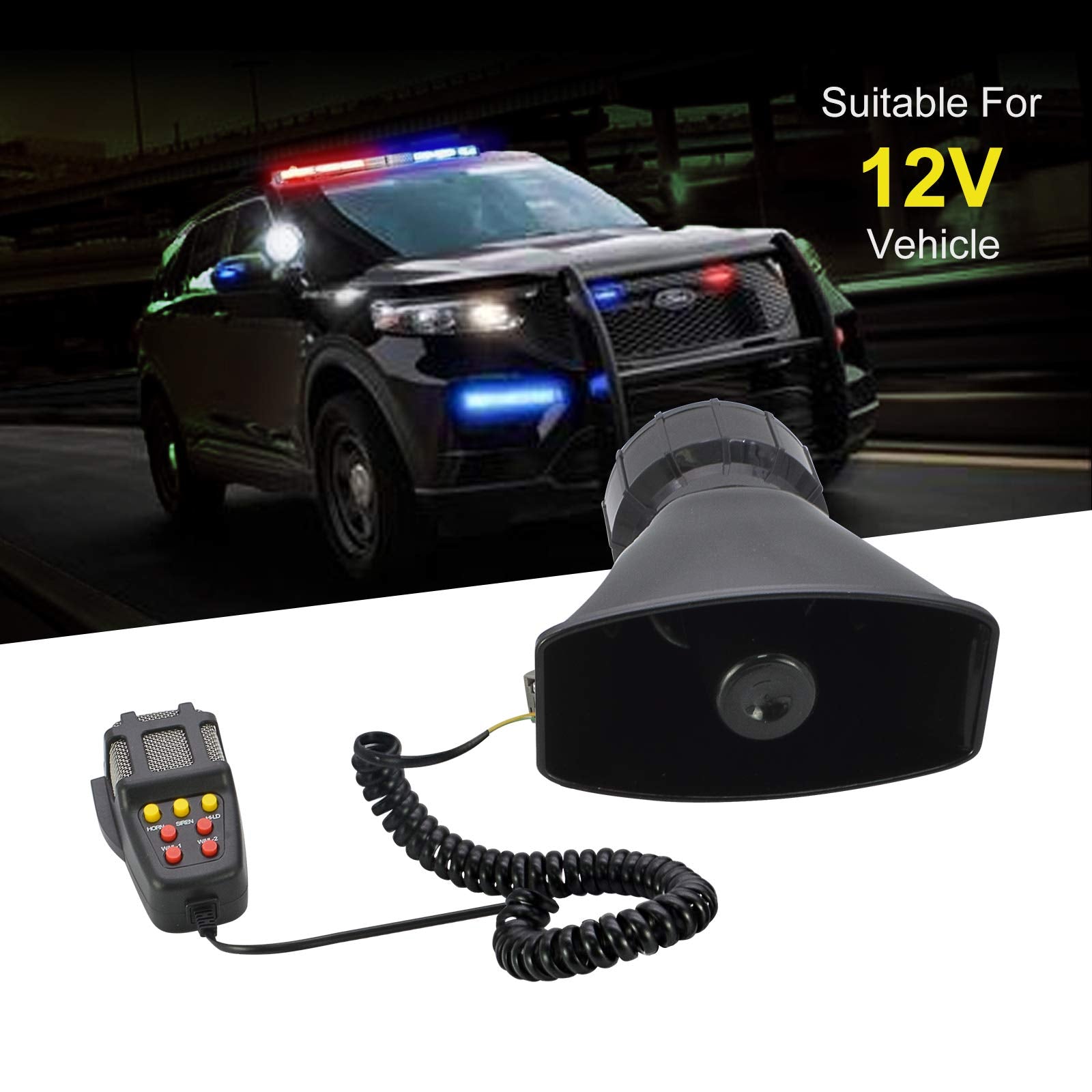 Safego Police Siren Speaker Car Pa System, Dc12V 100W 7 Tones Wired Handheld Microphone Loudspeaker Emergency Siren Electronic