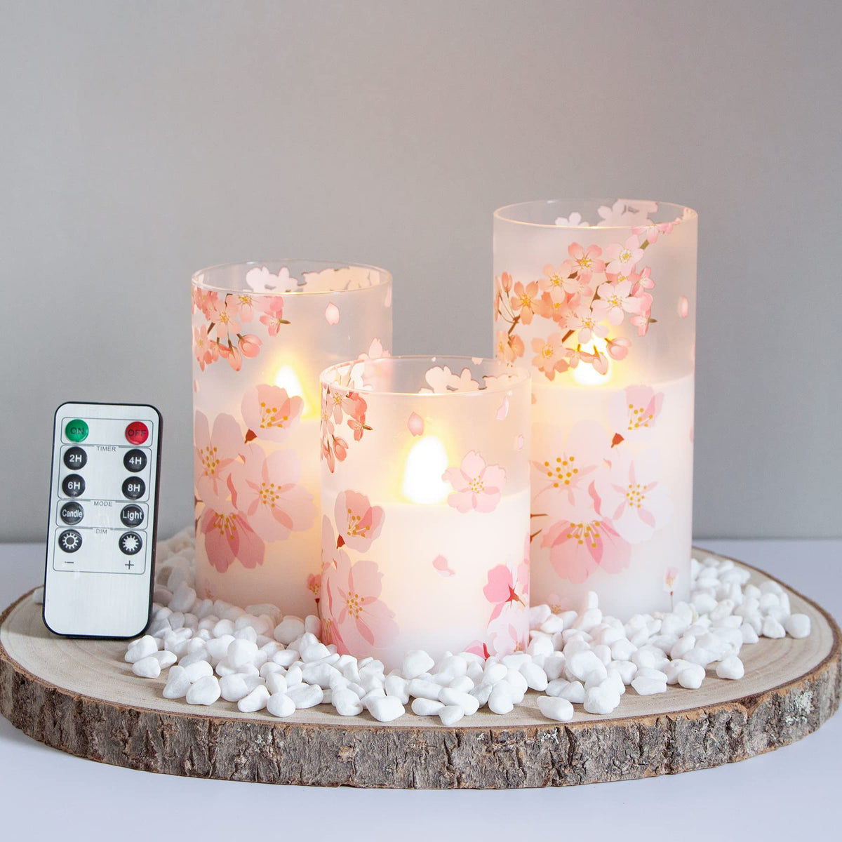 Mavandes Flameless Flickering Glass Candles With Remote And Timer,Cherry Blossoms Led Battery Operated Real Wax Set Of 3 Realist