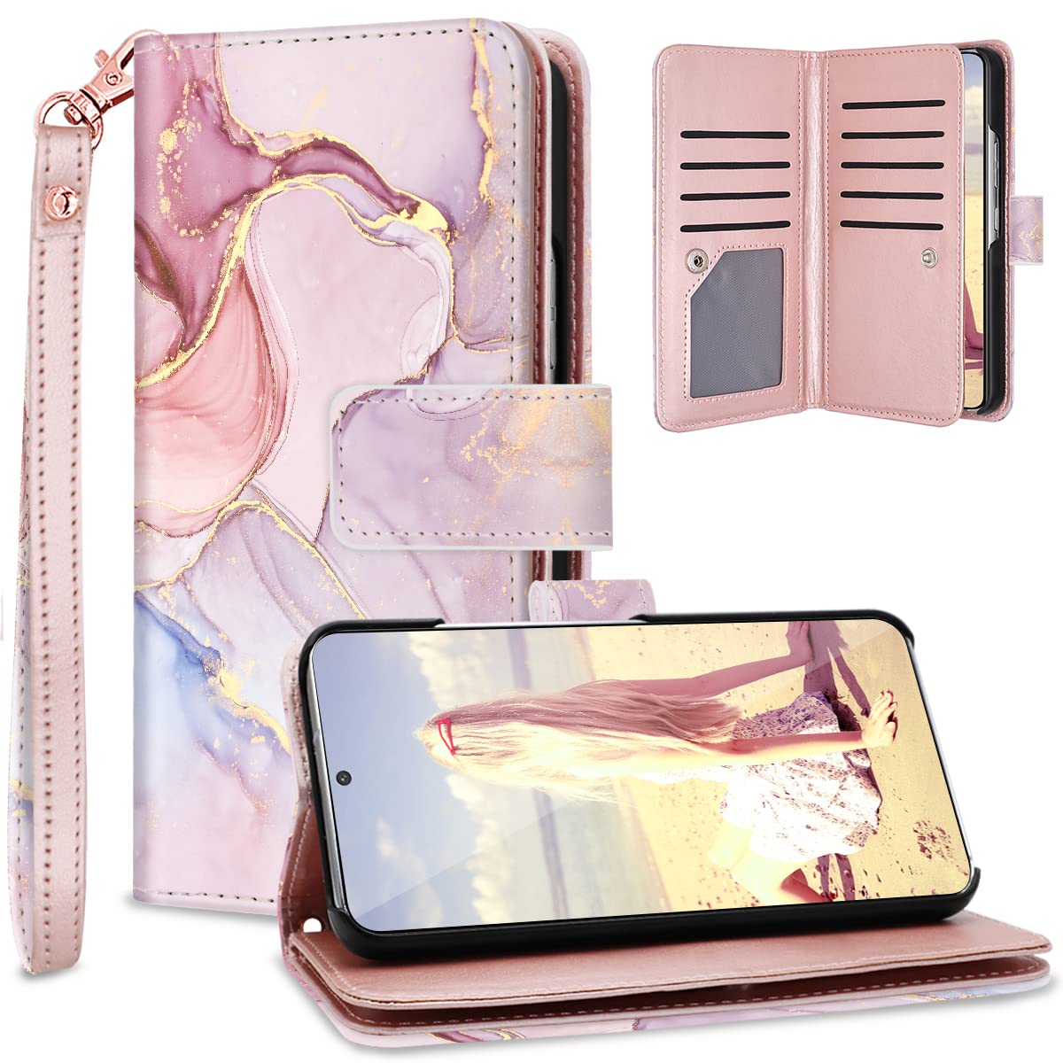 Fingic Galaxy S22 Wallet Case, Rose Gold Marble 9 Card Holder, Pu Leather With Detachable Wrist Strap For Women (6.1 Inch)