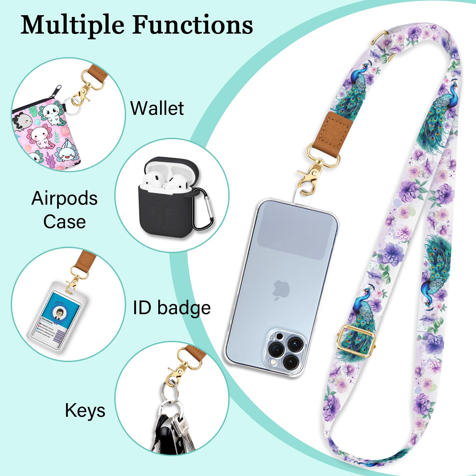 Piefly Phone Lanyard Crossbody Wrist Strap, Peacock Floral Cell Phone Lanyards For Around The Neck Wristlet Shoulder, Adjustable