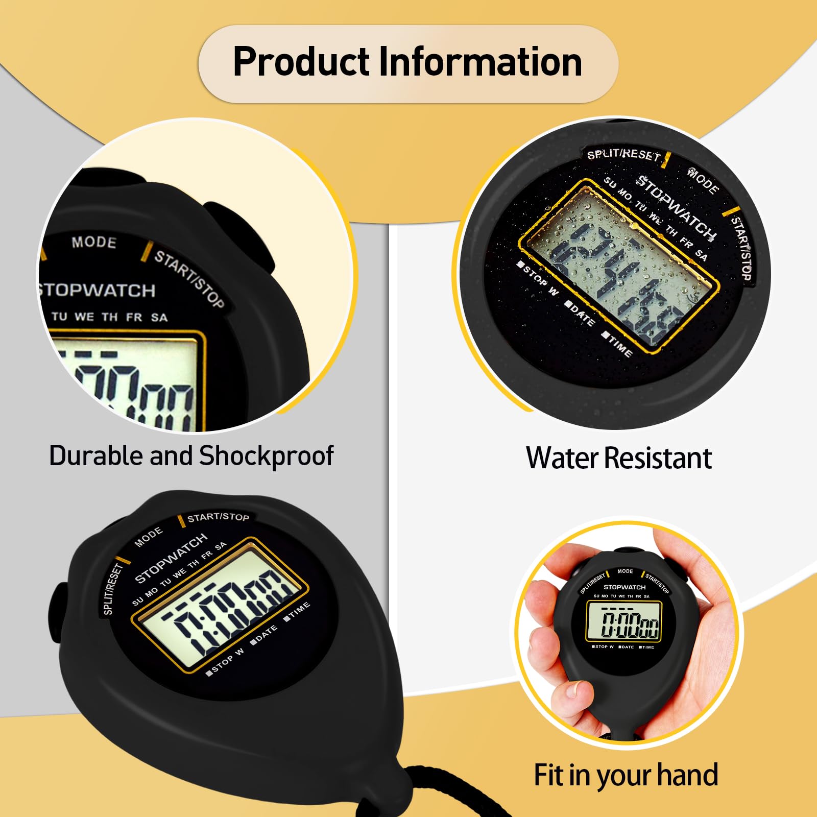 Piamig Stopwatch Sport Timer, 2 Pack Large Display Digital Stopwatch Timer With Date Time, No Alarm Silent Easy To Set Stopwatch