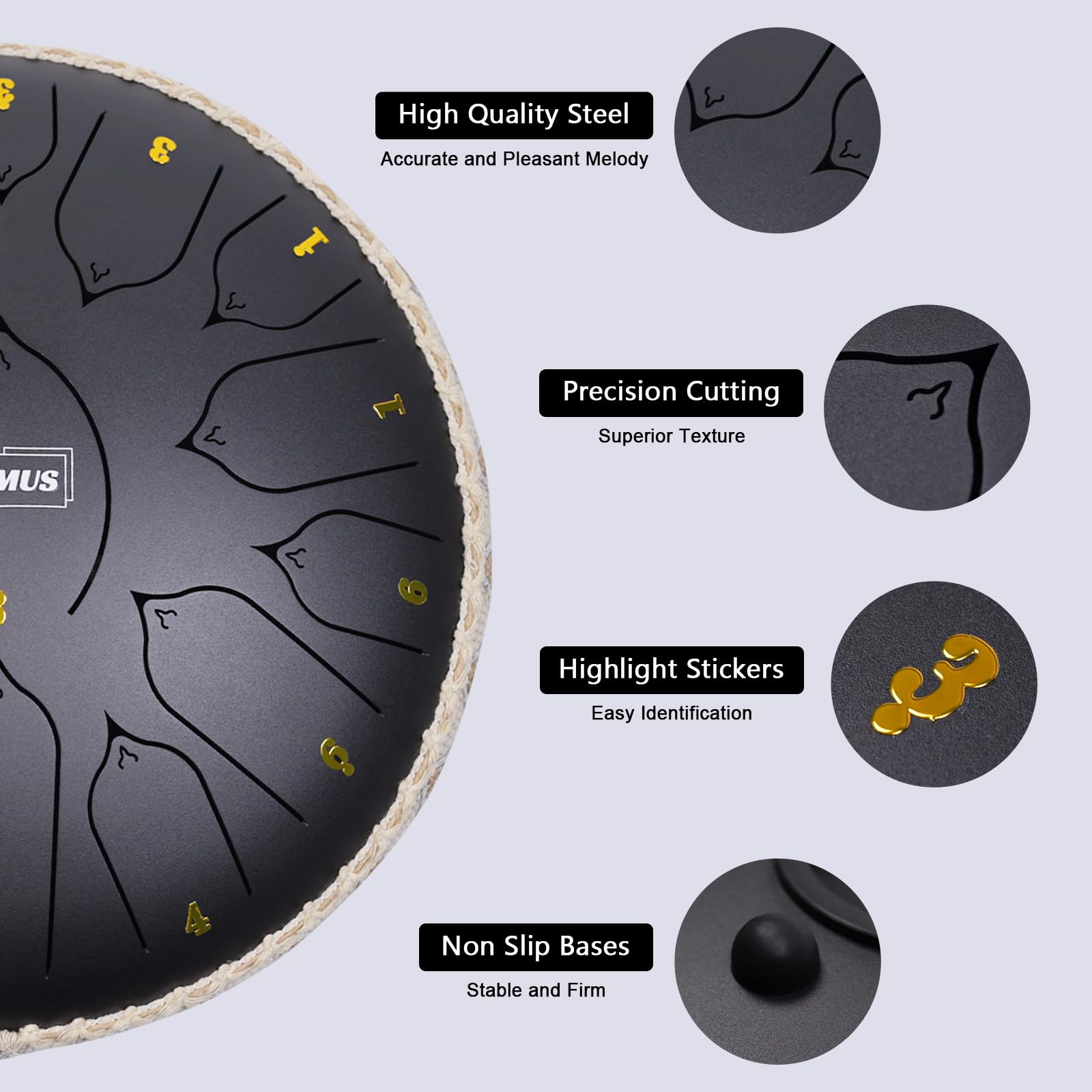 Jytmus Steel Tongue Drum 15 Notes 13 Inches Steel Drum With Drum Bag, Music Book, Drum Mallets, Mallet Holder, Finger Picks And