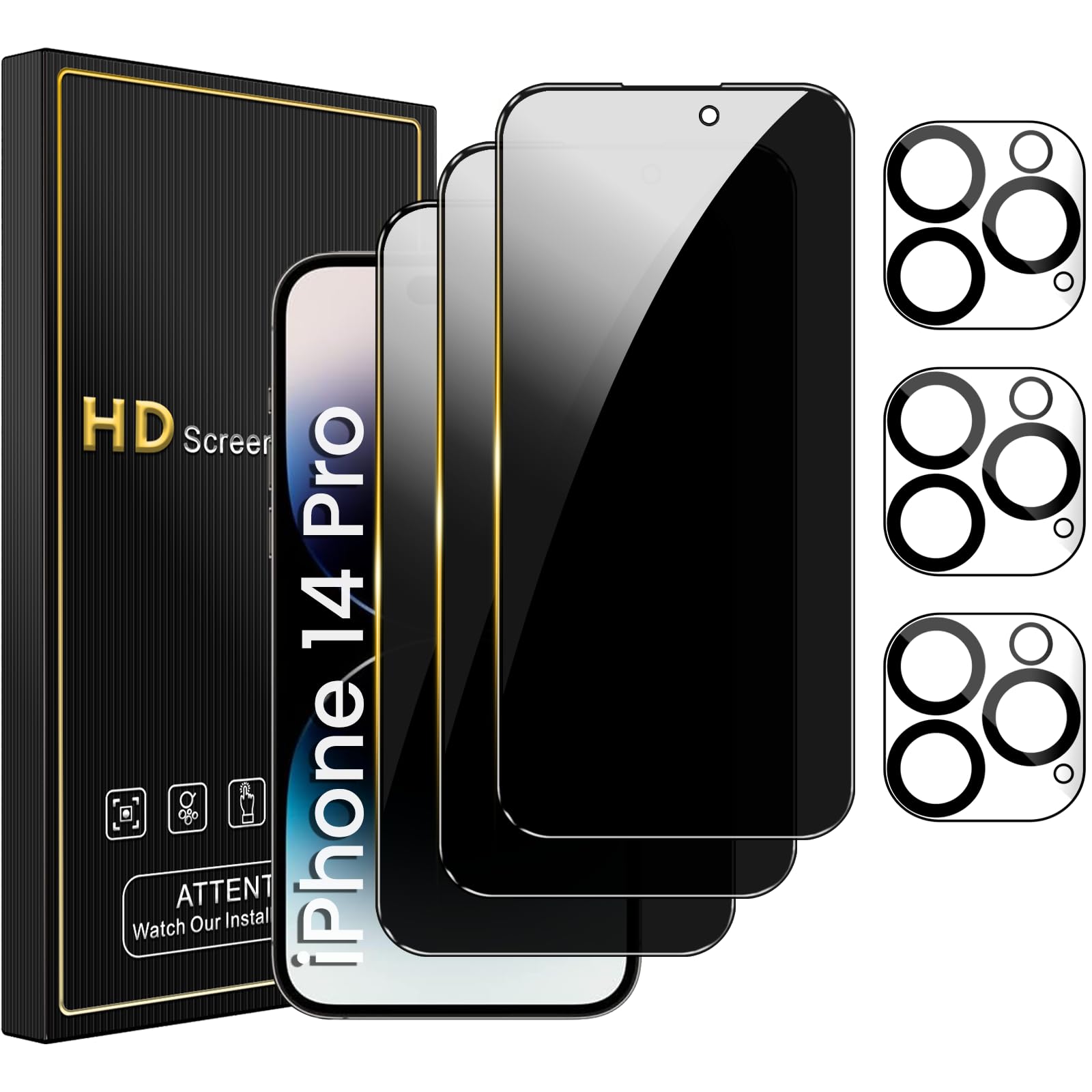 Nbiefuny 3 Pack Privacy Screen Protector For Iphone 14 Pro 6.1 Inch With 3 Pack Camera Lens Protector, Anti Spy Tempered Glass F