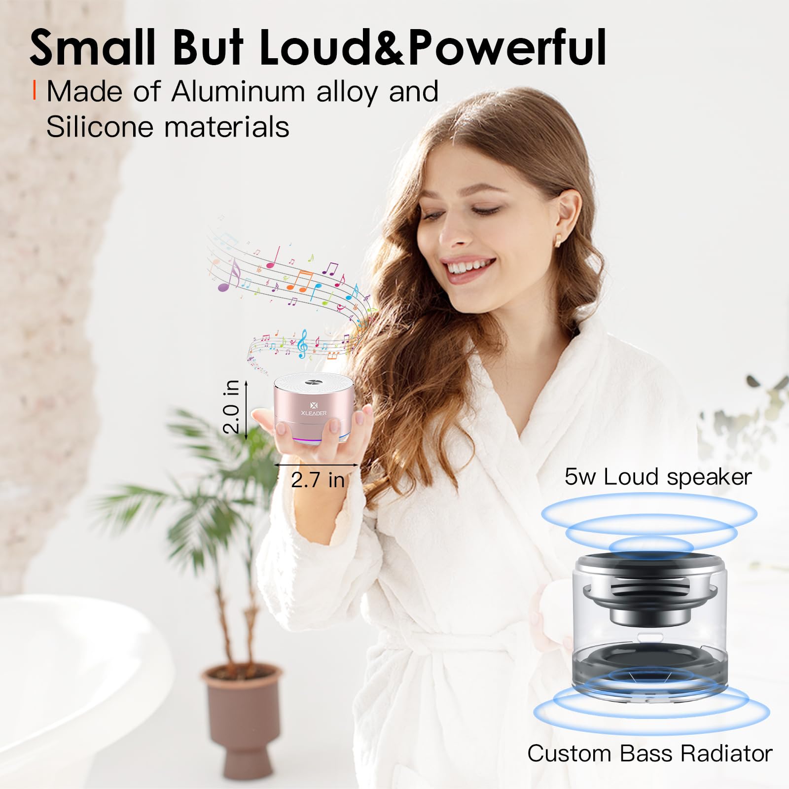 Xleader A6 Mini Bluetooth Speaker, Ipx7 Waterproof Shower Speaker With Lanyard, Small Speaker With Lights And Mic, Cute Pink Blu