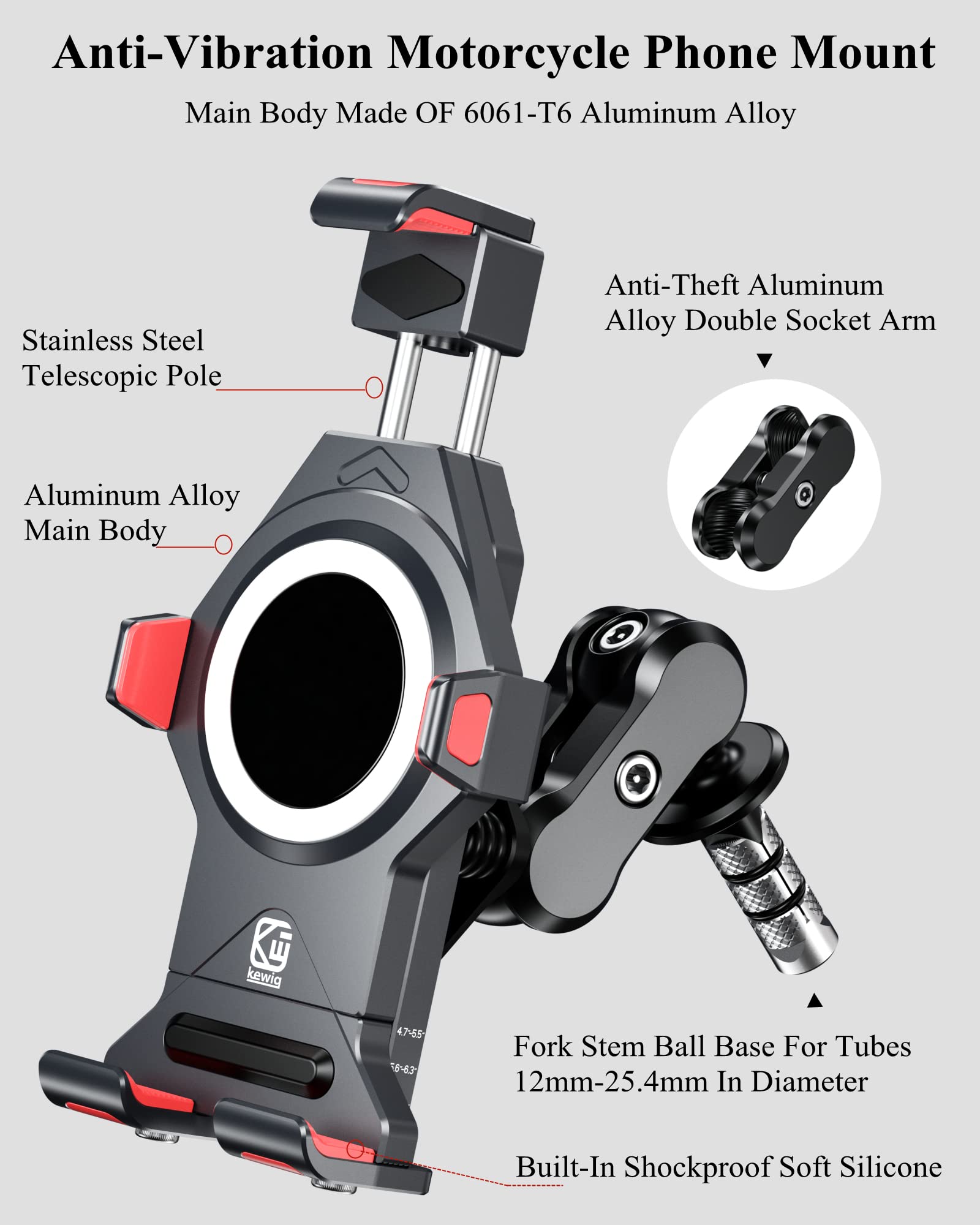 Brcovan Aluminum Alloy Motorcycle Fork Stem Phone Mount With Vibration Dampener & High Speed Secure Lock, Anti Theft Adjustable
