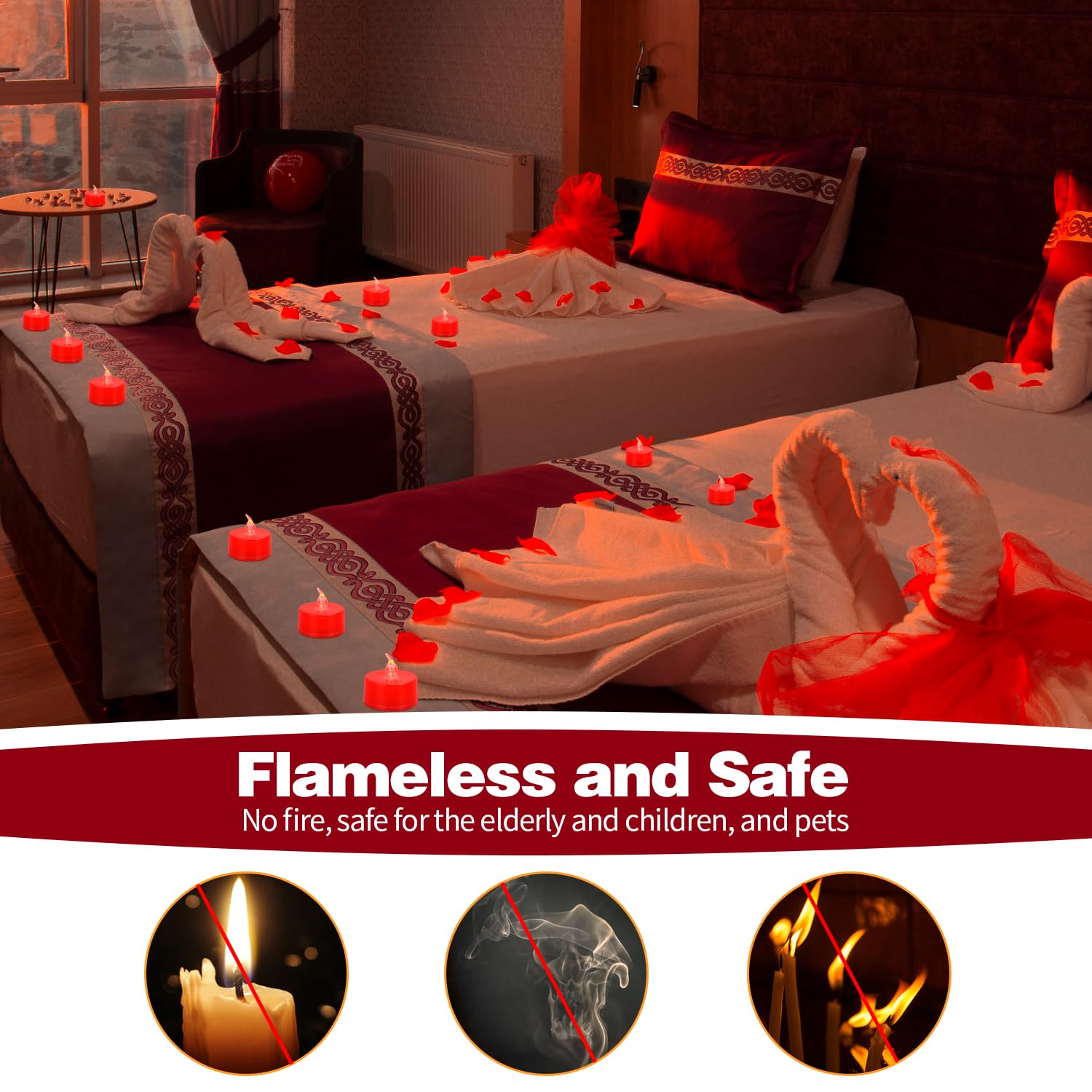 Koaby Led Tea Lights, 12 Pack Non Flickering, Warm White, Last 200H+, Battery Operated, Red Light, Red Base
