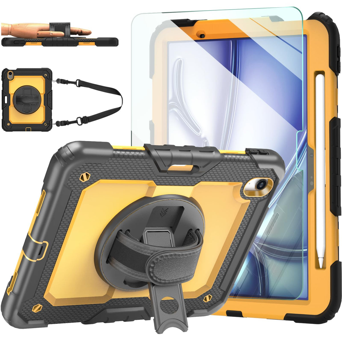 Ambison Case For Ipad Air 11'' M3/M2 2025/2024, Ipad Air 7Th/6Th Generation Case, Heavy Duty Protective With 9H Tempered Glass Screen Protector, 360° Rotatable Kickstand/Hand Strap (Sandstone Yellow)