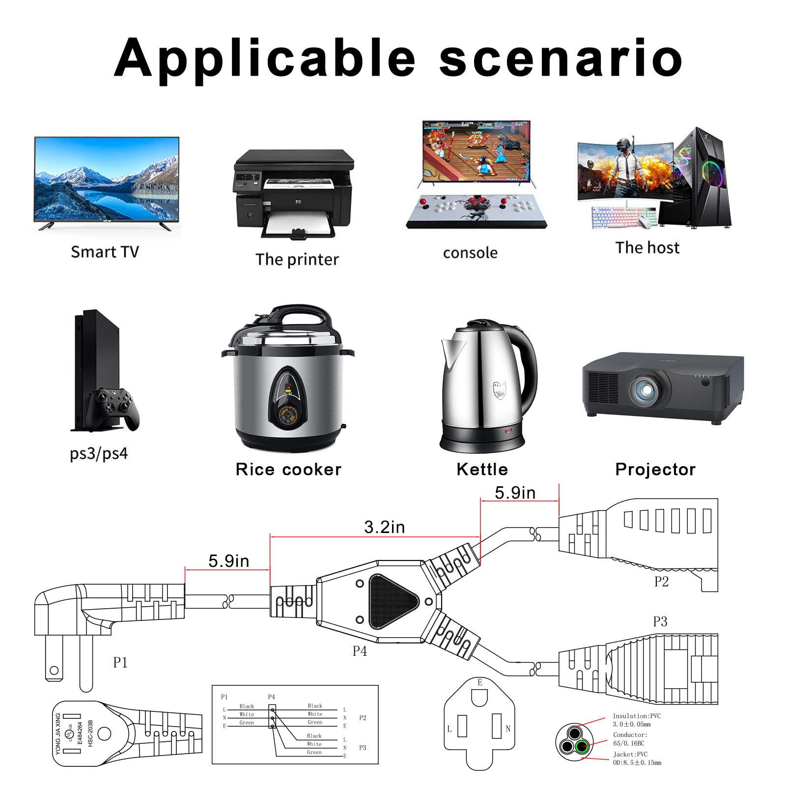 Power Cord Extension Y Splitter   1 To 2 Way Outlet Adapter Nema 5 15P 90 Degree Flat Plug To 2 X Nema 5 15R With Sjt 16Awg 3 Pr