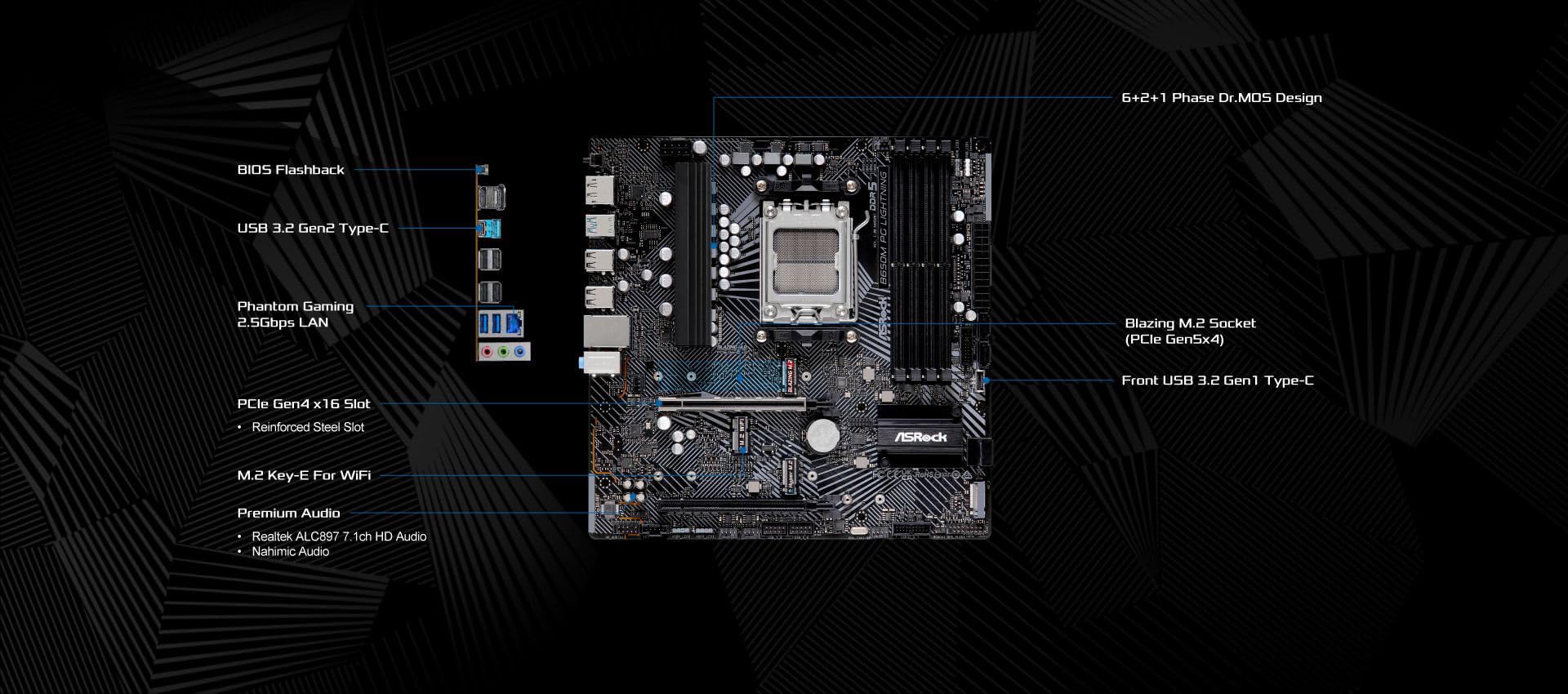 Asrock B650M Pg Lightning Amd Socket Am5 Ryzen9000/8000/7000 Series Processors Ddr5 7200+ Mhz (Oc) Hdmi Displayport B650 Micro A