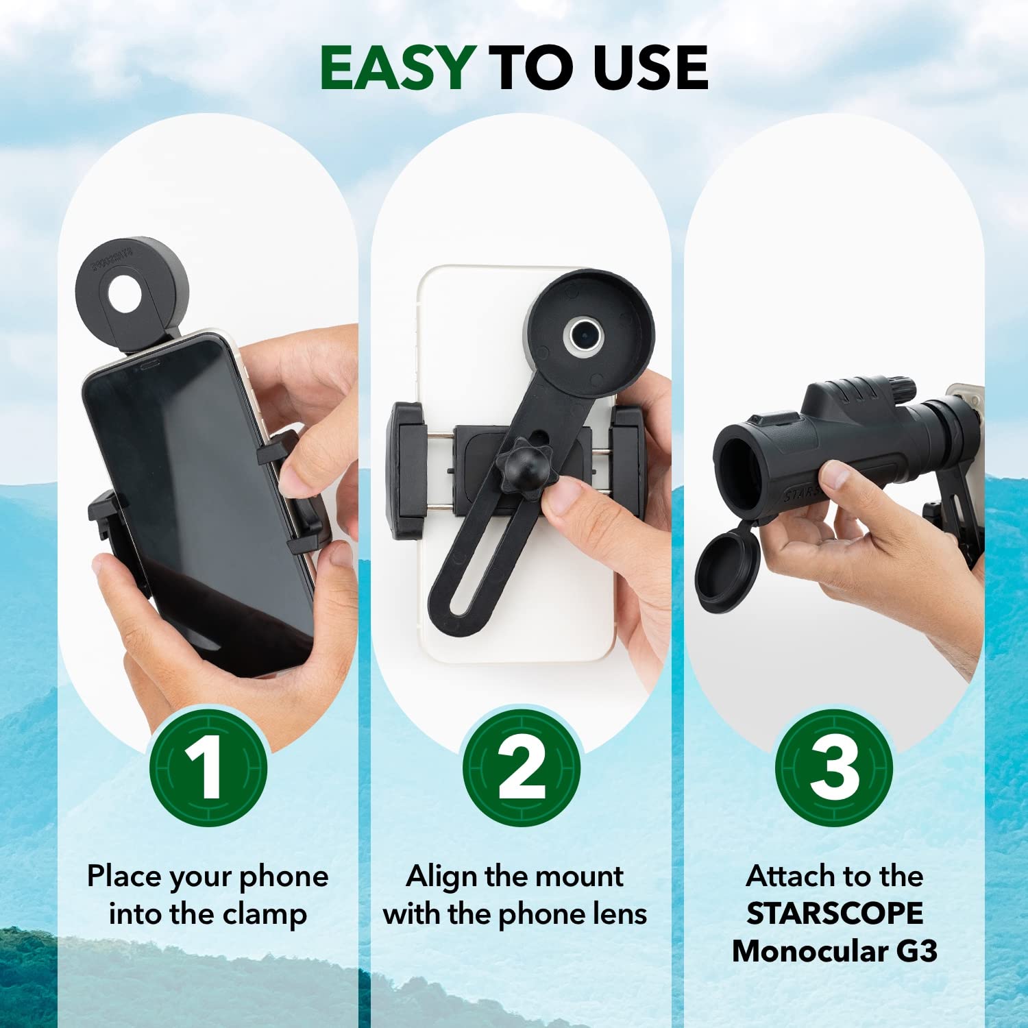 Starscope Monocular G3 Phone Mount   Dual Spring Loaded Telescope Phone Adapter Mount | Foldable Monocular Telescope For Smartph