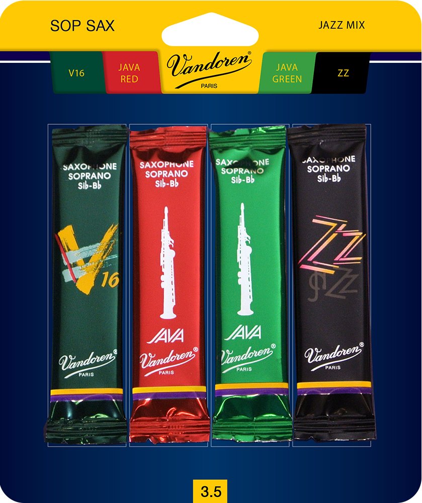 Vandoren Srmixs35 Soprano Sax Jazz Reed Mix Card Includes 1 Each Zz, V16, Java And Java Red Strength 3.5