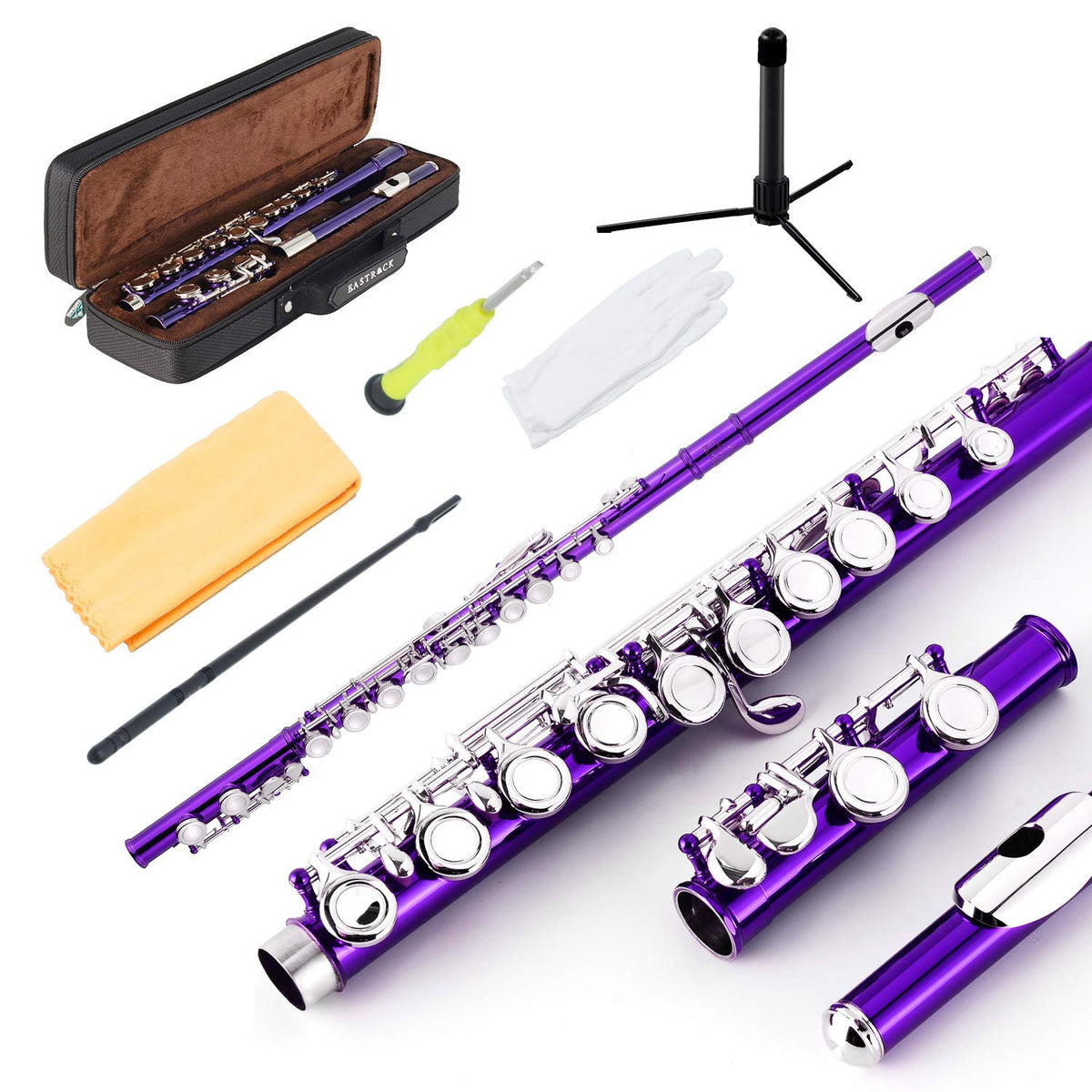 Eastrock Closed Hole Flutes C 16 Key For Beginner, Kids, Student -Nickel Flute With Case Stand And Cleaning Kit (Purple)