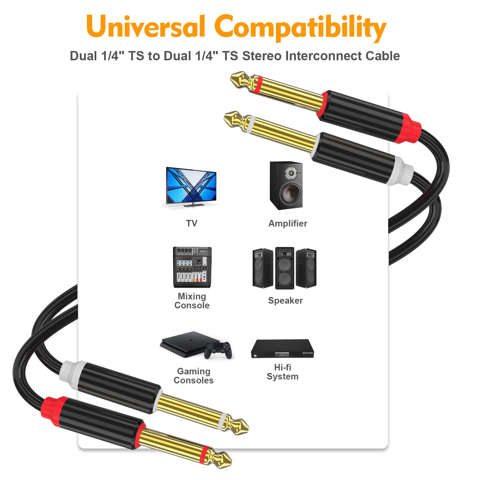 Hosongin Dual 1/4 Inch Ts To Dual 1/4 Inch Ts Stereo Interconnect Insert Cable For Amplifer Mixer, 20 Feet, Pvc Jacket Gold Plated Plug Double Shielding