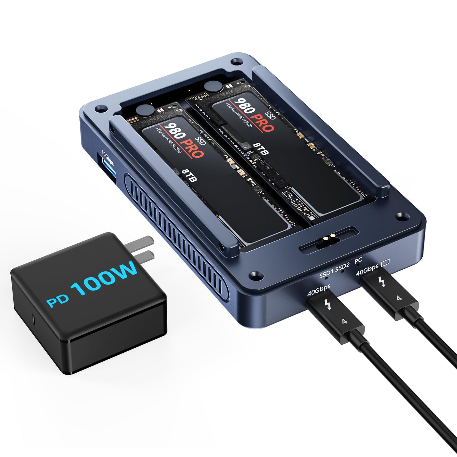 Acasis 40Gbps M.2 Nvme Ssd Enclosure, Cooling Fan, Compatible Thunderbolt 4/3/Usb 4.0, Support Ssd B+M M Key, Dual Bay Ssd Enclosure Dual Monitor Support Software Raid, 2 Usbc 40Gbps For M1/M2/Windows