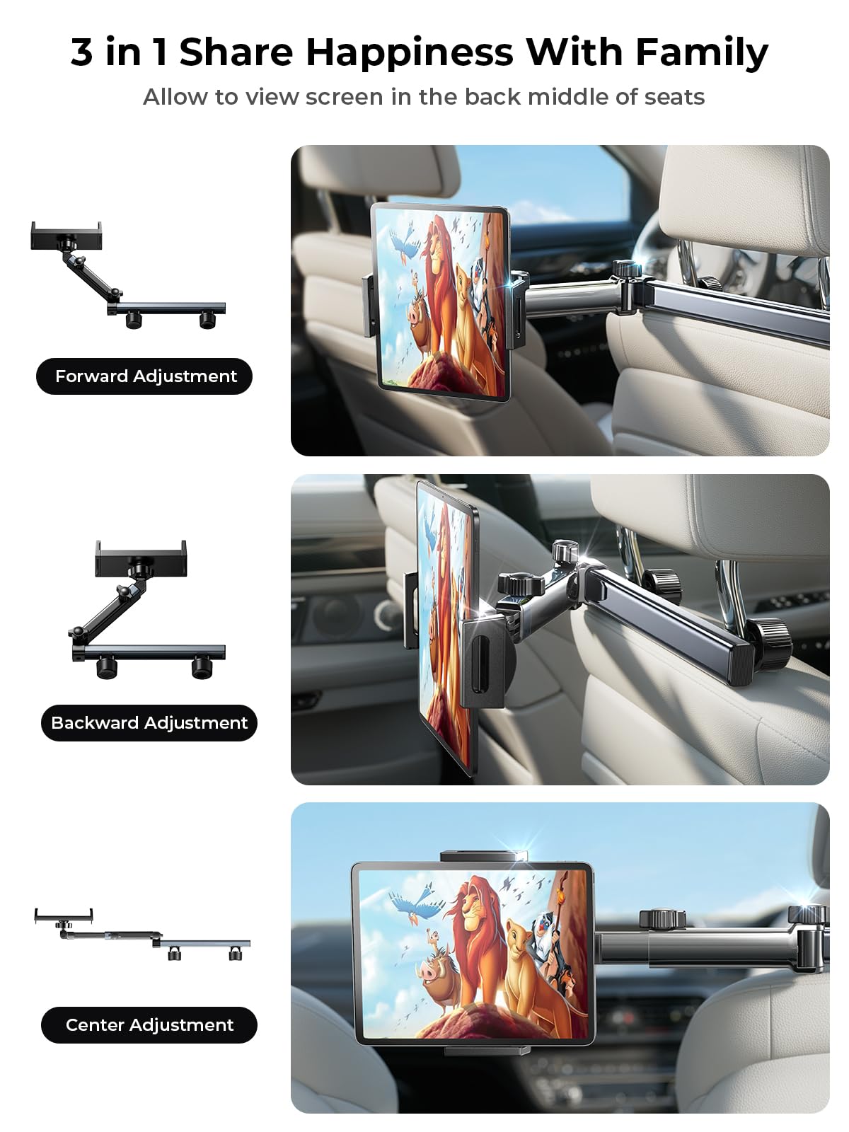 Lisen For Ipad Holder For Car Headrest, Tablet Holder For Car Mount [3 In 1] Ipad Holder Back Seat For Kids Long Road Trip Car C