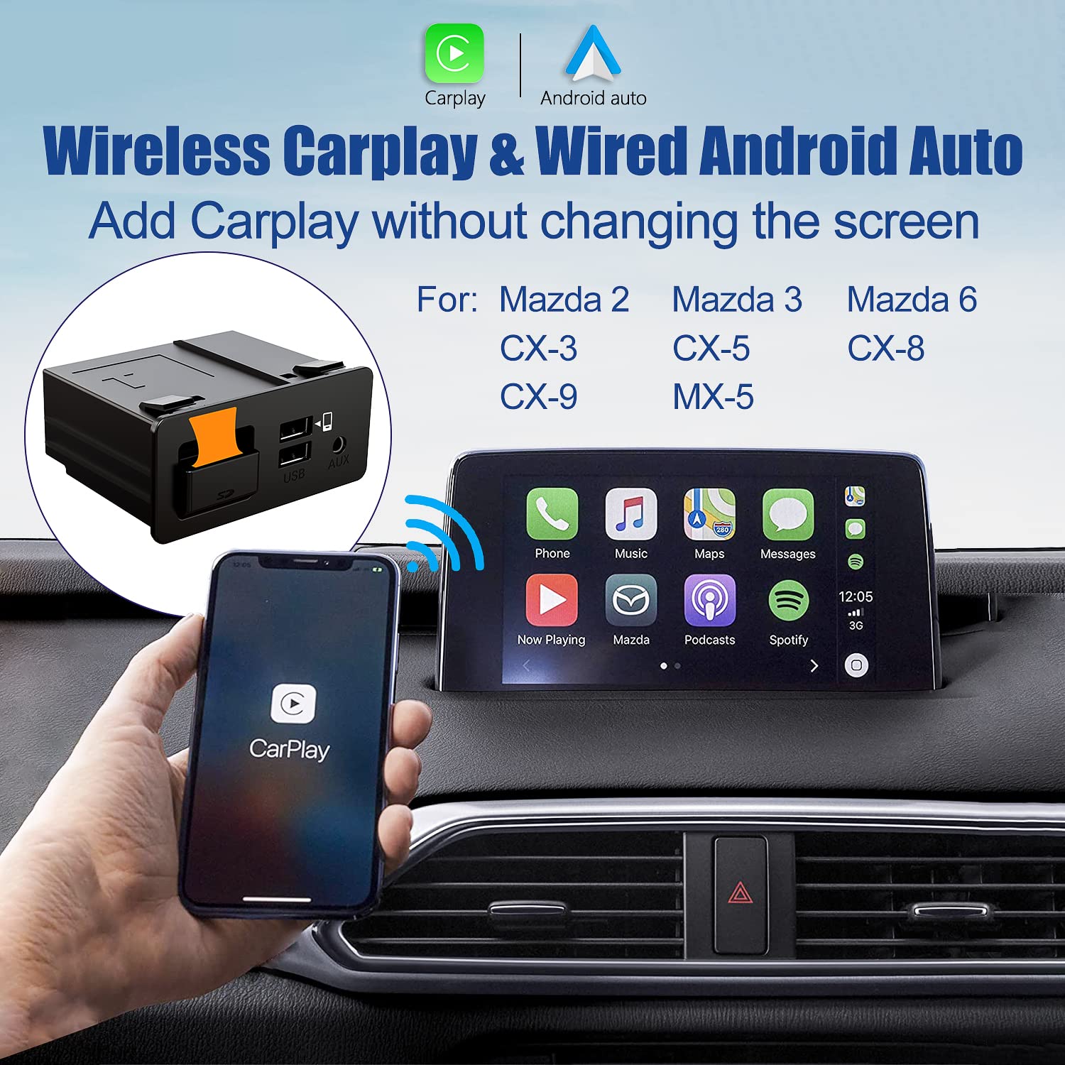 Mazda Wireless Carplay Retrofit Kit, Tk78 66 9U0C Oem Usb Hub Fits To Mzd Connect System Compatible With Mazda 2/3/6/Cx3/Cx5/Cx9