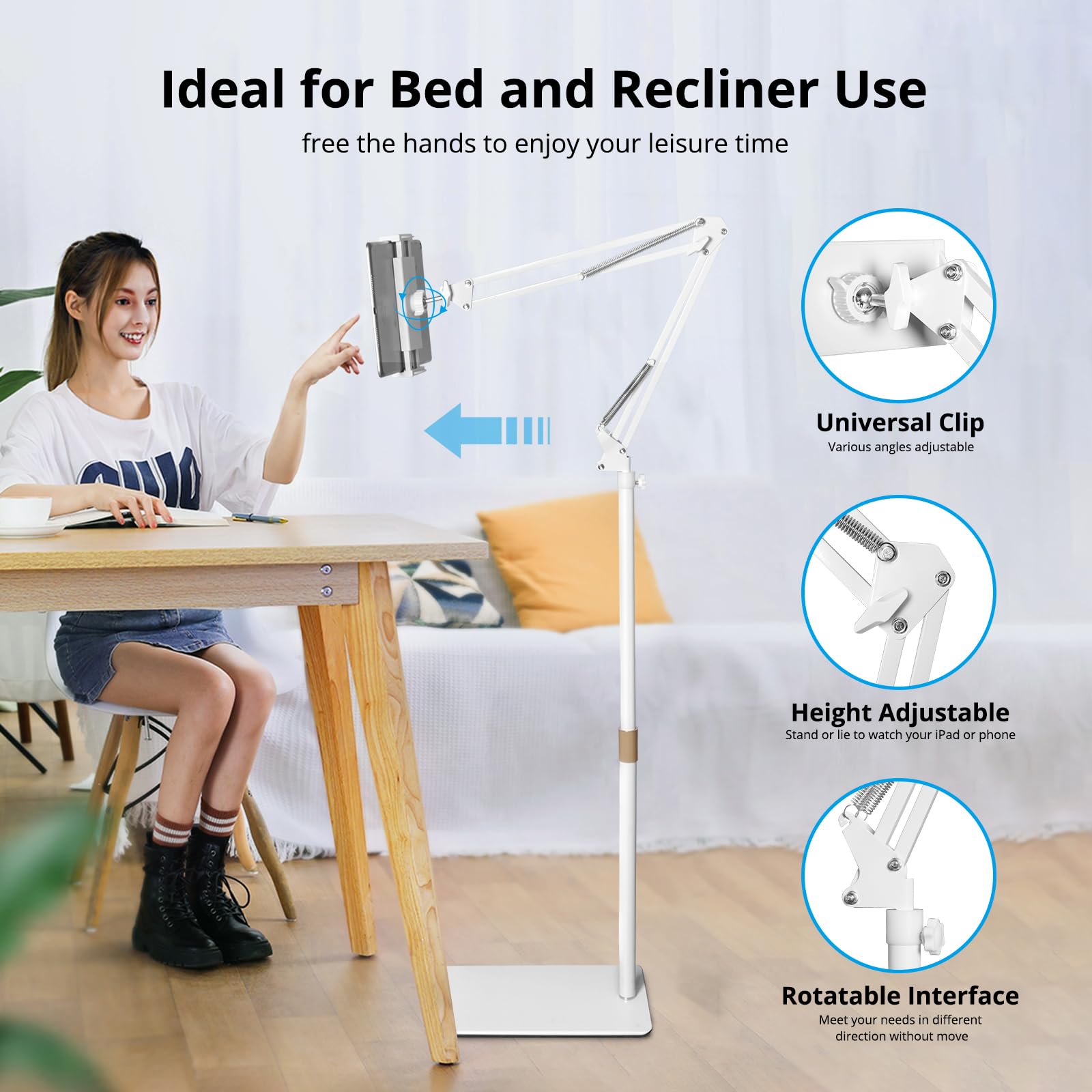 Spessn Tablet Floor Stand, Overhead Bed Phone Mount, Height Adjustable Universal Metal Tablet Holder, Phone Stand For Ipad/Iphon