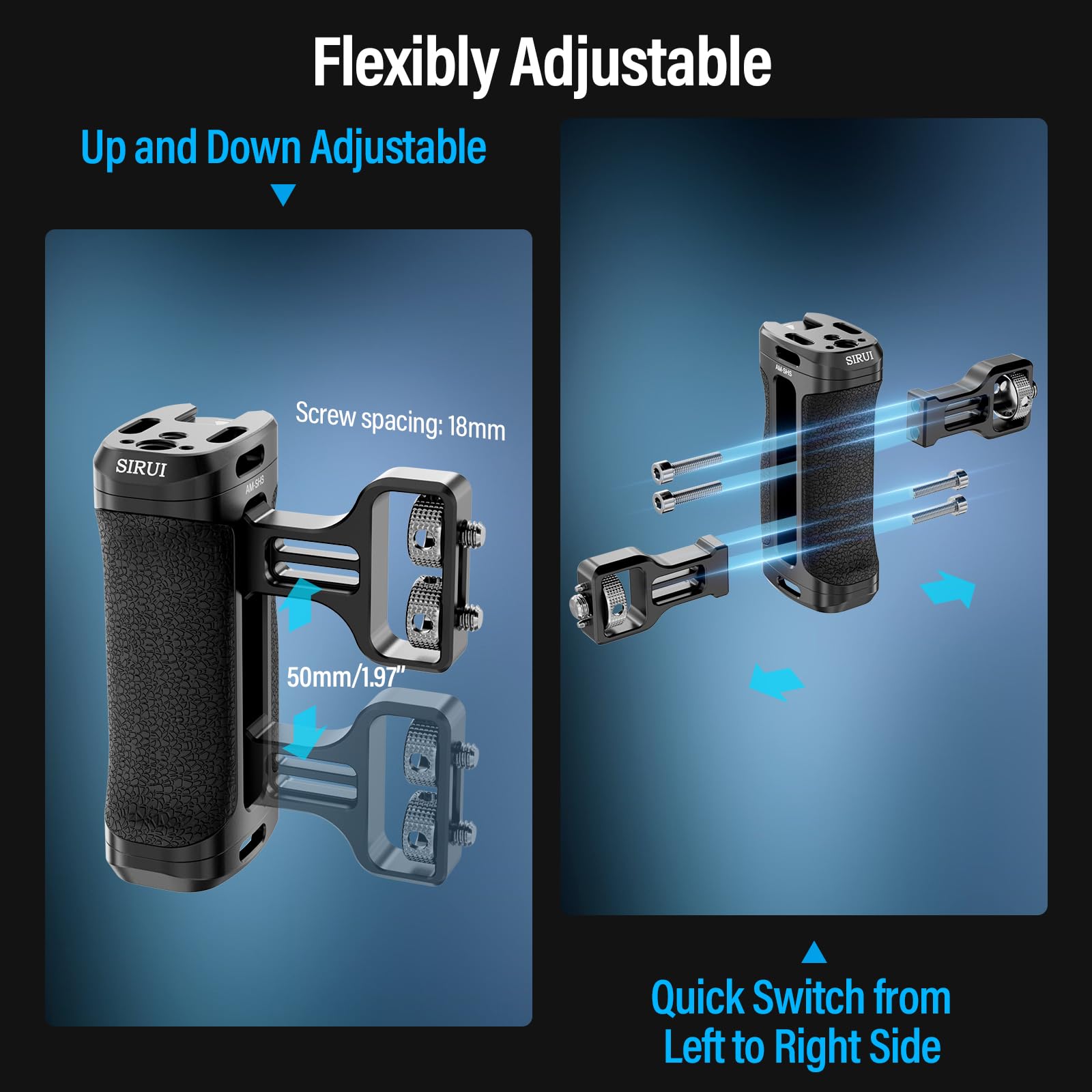 Sirui Side Handle With Locating Mount For Arri And Dual 1/4' Screw Mount Optional, Lightweight Camera Handgrip With Cold Shoe, Multiple Threads, Up And Down Adjustable Side Grip, Am Shs(Pack Of 1)