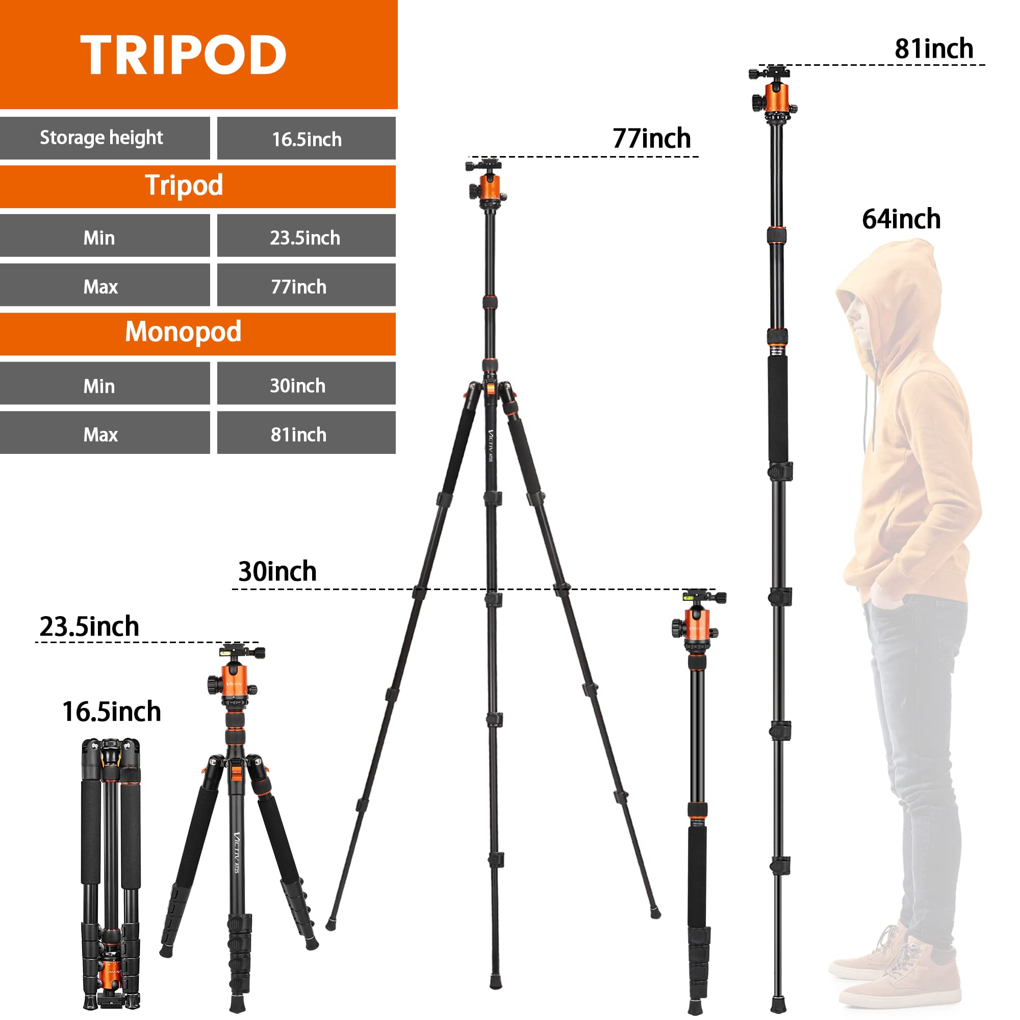 Victiv Tripod For Camera, 82' Camera Tripod Heavy Duty, Aluminum Dslr Tripod Monopod, Tall Travel Tripod For Photography, Professional Camera Tripod Stand For Spotting Scope Telescope Binocular