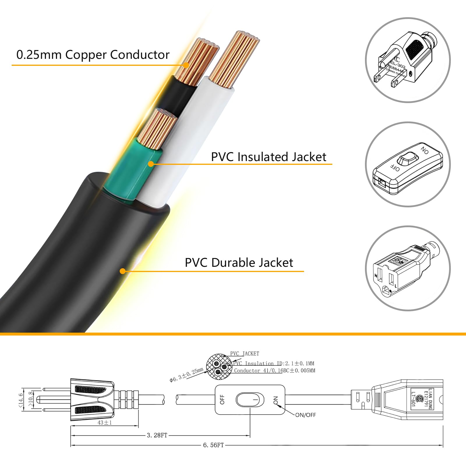 Starelo Extension Cord With Switch 3 Prong Indoor White Extension Cord,1625W 18Awg Extension Cord,Control Switch On/Off 13A 125V