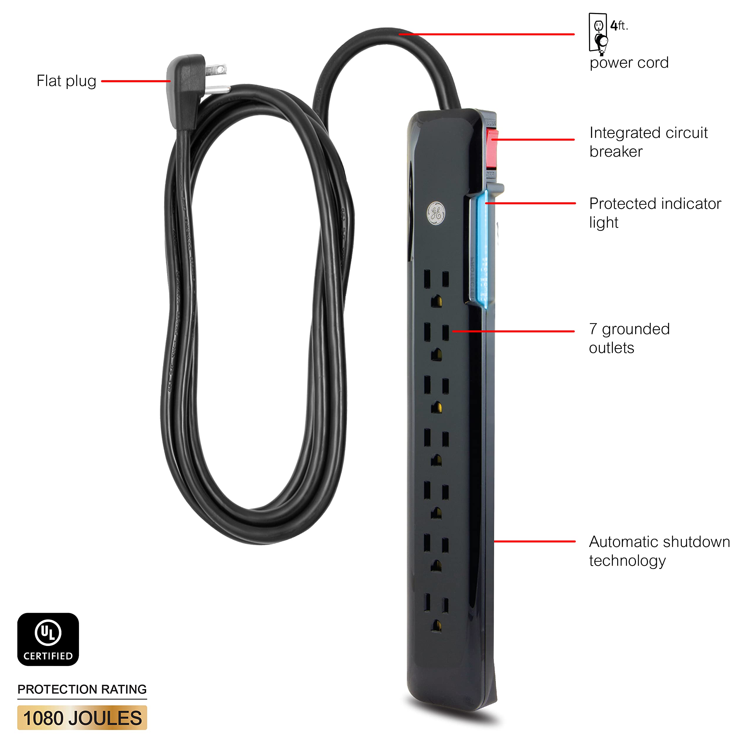 Ge 7-Outlet Surge Protector, 4 Ft Power Cord, 1080 Joules, Flat Plug, Power Filter, Circuit Breaker, Warranty, Ul Listed, Black,