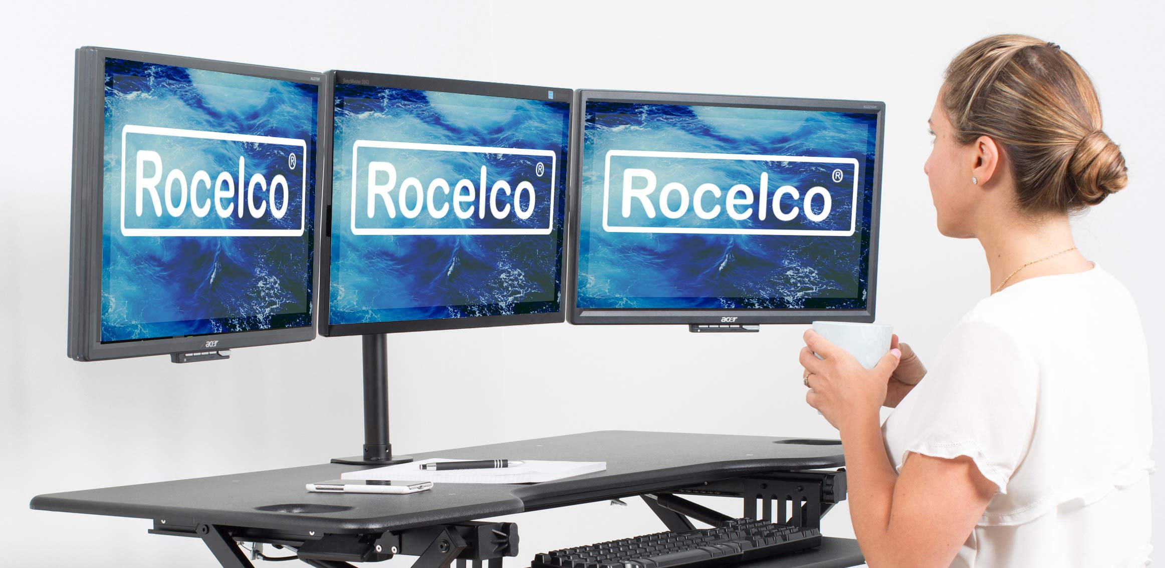 Rocelco Premium Triple Monitor Desk Mount   Standard Pattern Fits 13'   27' LED LCD Flat Computer Screen   Three Articulated Full Motion Adjustable Arms   Grommet and C Clamp   Black (R DM3)