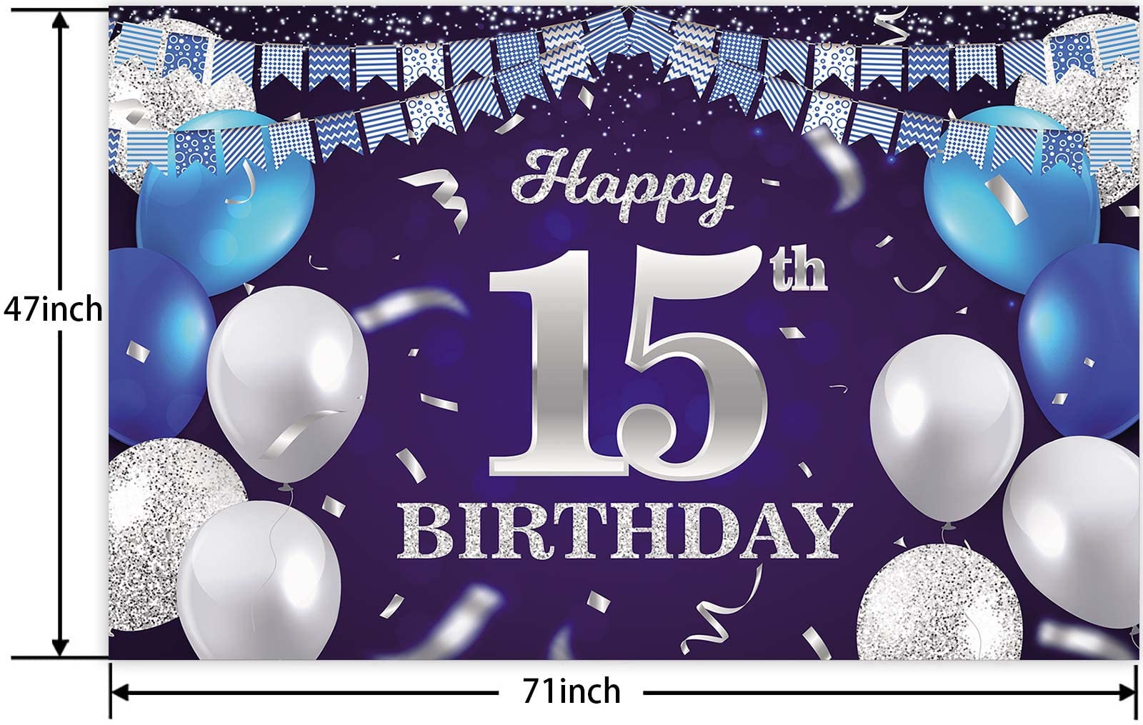 Happy 15Th Birthday Banner Backdrop Navy Blue Balloons Confetti Stripe Flag Light Spots Cheers To 15 Years Old Theme Decorations