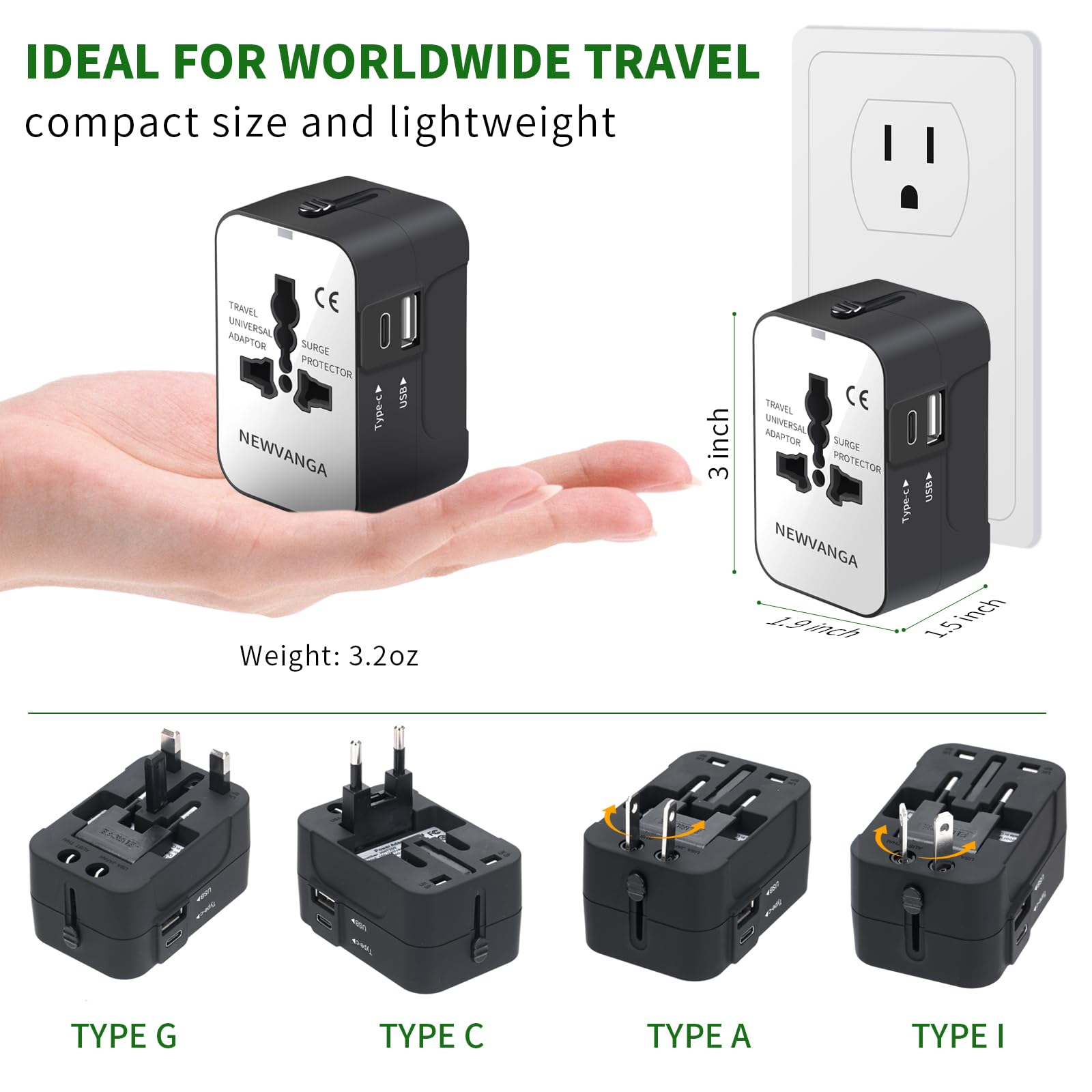 Travel Adapter, Worldwide All In One Universal Travel Adapter Wall Charger Ac Power Plug Adapter With Usb Type C Charging Ports